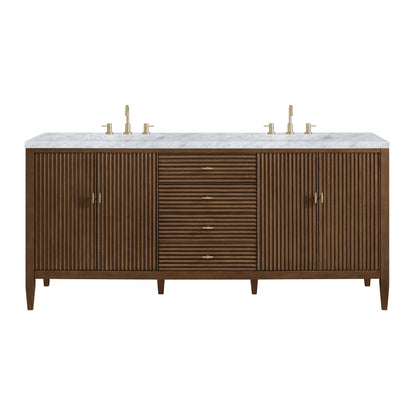 James Martin Vanities Myrrin 72" Mid Century Walnut Double Vanity With 3 cm Carrara White Marble Top