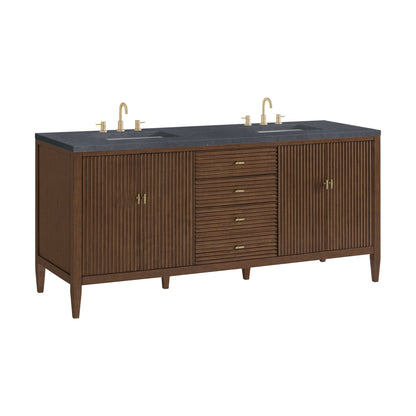 James Martin Vanities Myrrin 72" Mid Century Walnut Double Vanity With 3 cm Charcoal Soapstone Quartz Top