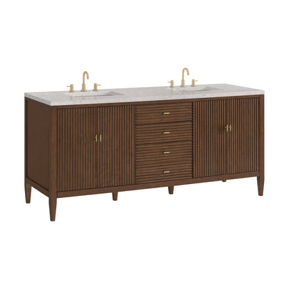 James Martin Vanities Myrrin 72" Mid Century Walnut Double Vanity With 3 cm Eternal Jasmine Pearl Quartz Top