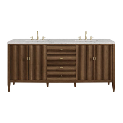 James Martin Vanities Myrrin 72" Mid Century Walnut Double Vanity With 3 cm Eternal Jasmine Pearl Quartz Top