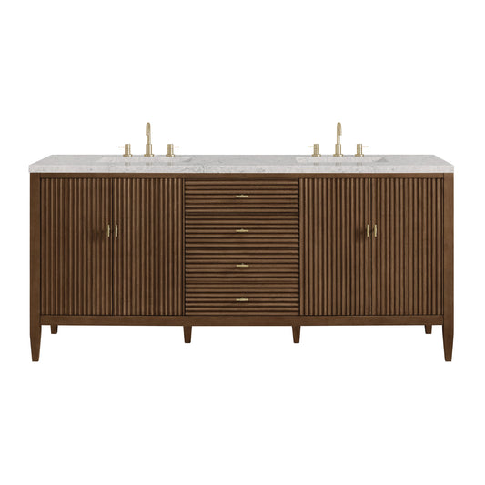 James Martin Vanities Myrrin 72" Mid Century Walnut Double Vanity With 3 cm Eternal Jasmine Pearl Quartz Top