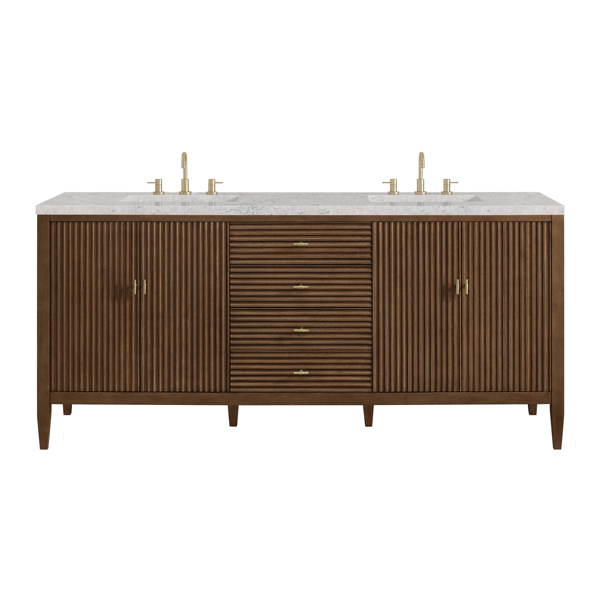 James Martin Vanities Myrrin 72" Mid-Century Walnut Double Vanity With 3 cm Eternal Jasmine Pearl Silestone Top and FreePower Wireless Charger