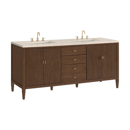 James Martin Vanities Myrrin 72" Mid Century Walnut Double Vanity With 3 cm Eternal Marfil Quartz Top