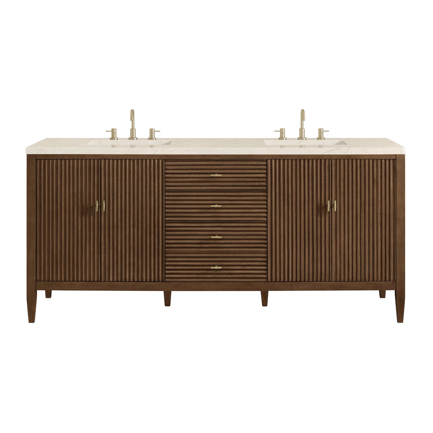 James Martin Vanities Myrrin 72" Mid Century Walnut Double Vanity With 3 cm Eternal Marfil Quartz Top