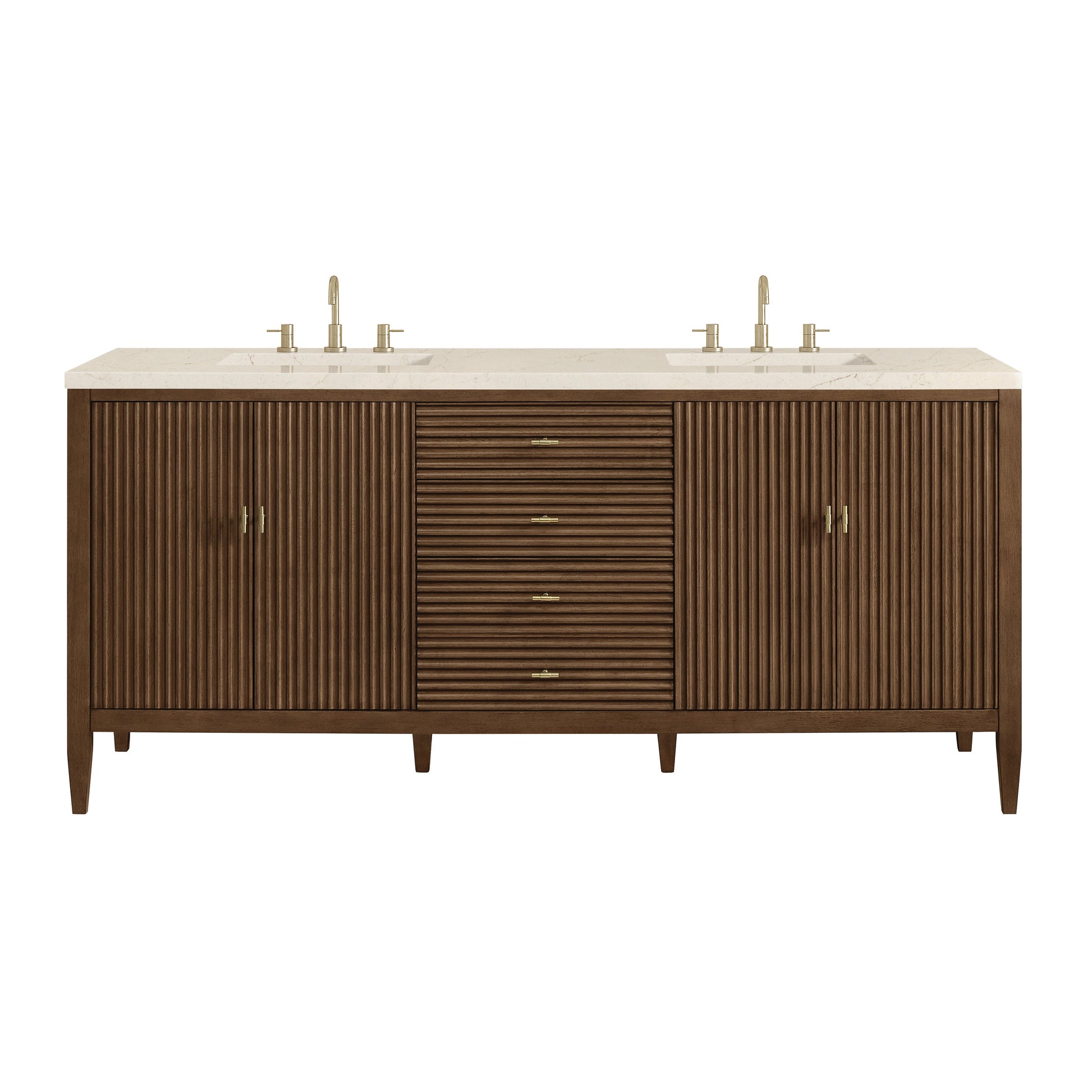 James Martin Vanities Myrrin 72" Mid Century Walnut Double Vanity With 3 cm Eternal Marfil Quartz Top