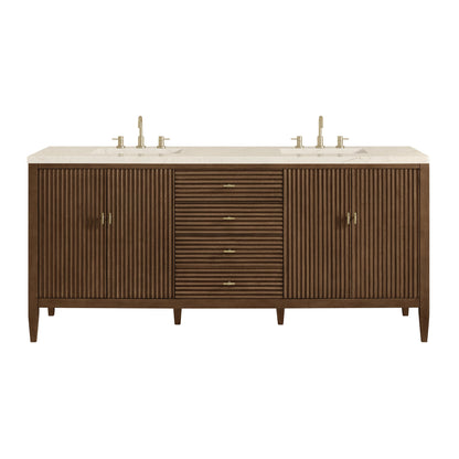 James Martin Vanities Myrrin 72" Mid Century Walnut Double Vanity With 3 cm Eternal Marfil Quartz Top