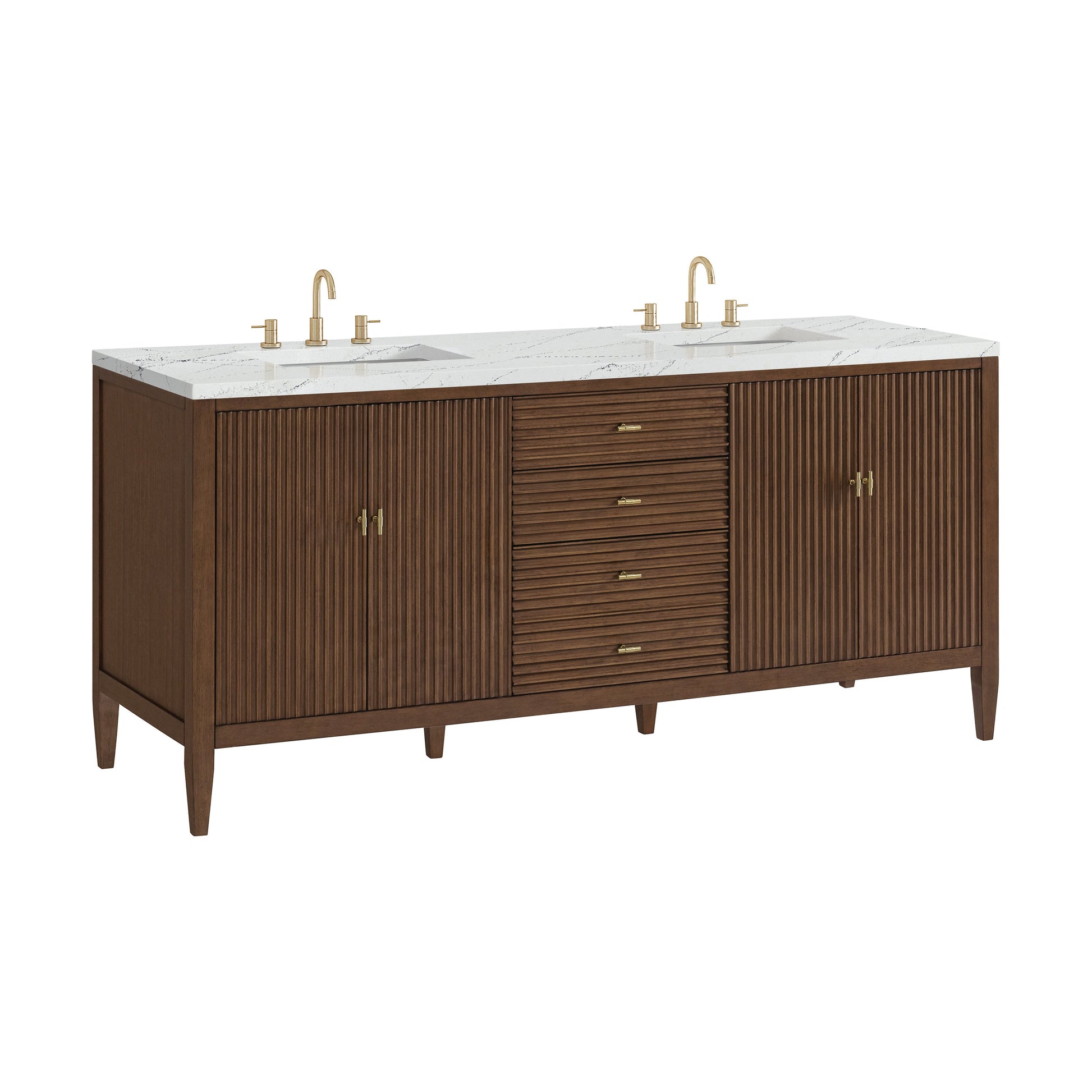 James Martin Vanities Myrrin 72" Mid Century Walnut Double Vanity With 3 cm Ethereal Noctis Quartz Top