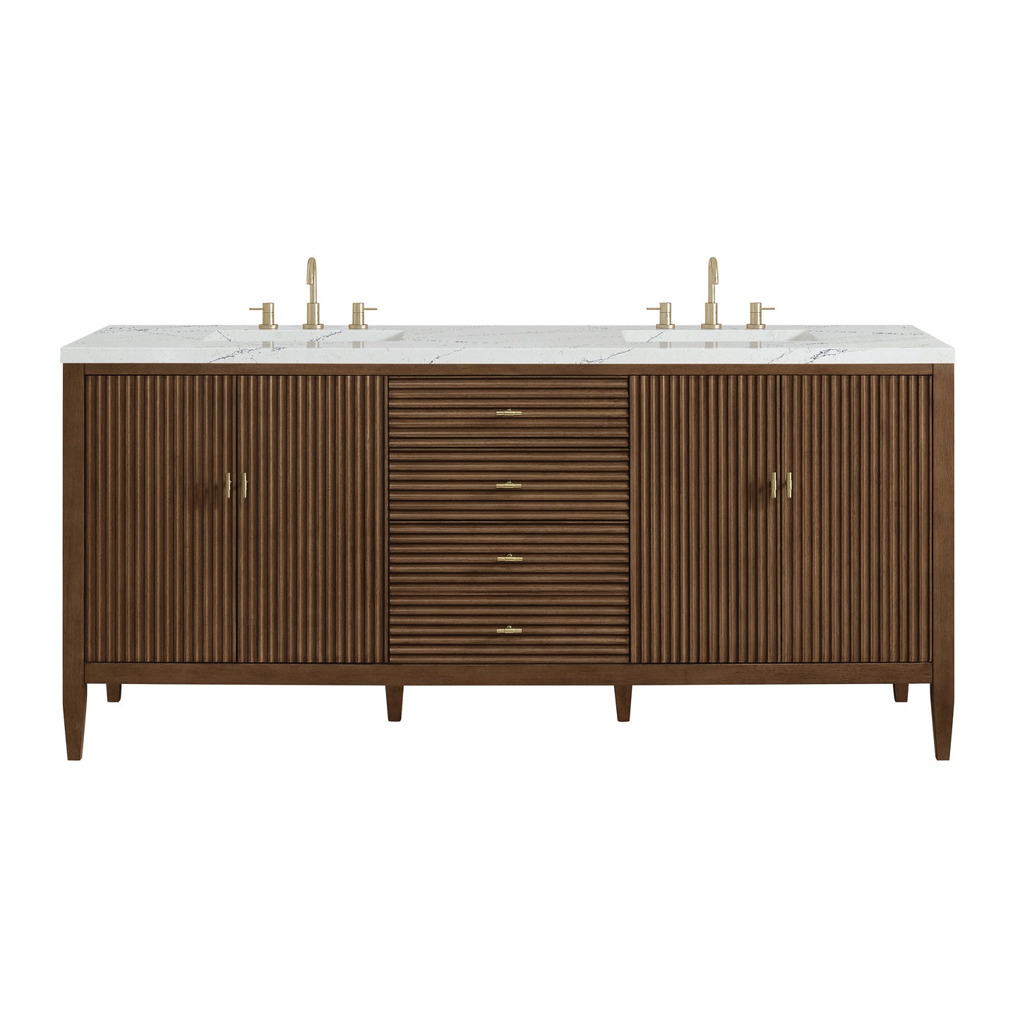 James Martin Vanities Myrrin 72" Mid Century Walnut Double Vanity With 3 cm Ethereal Noctis Quartz Top