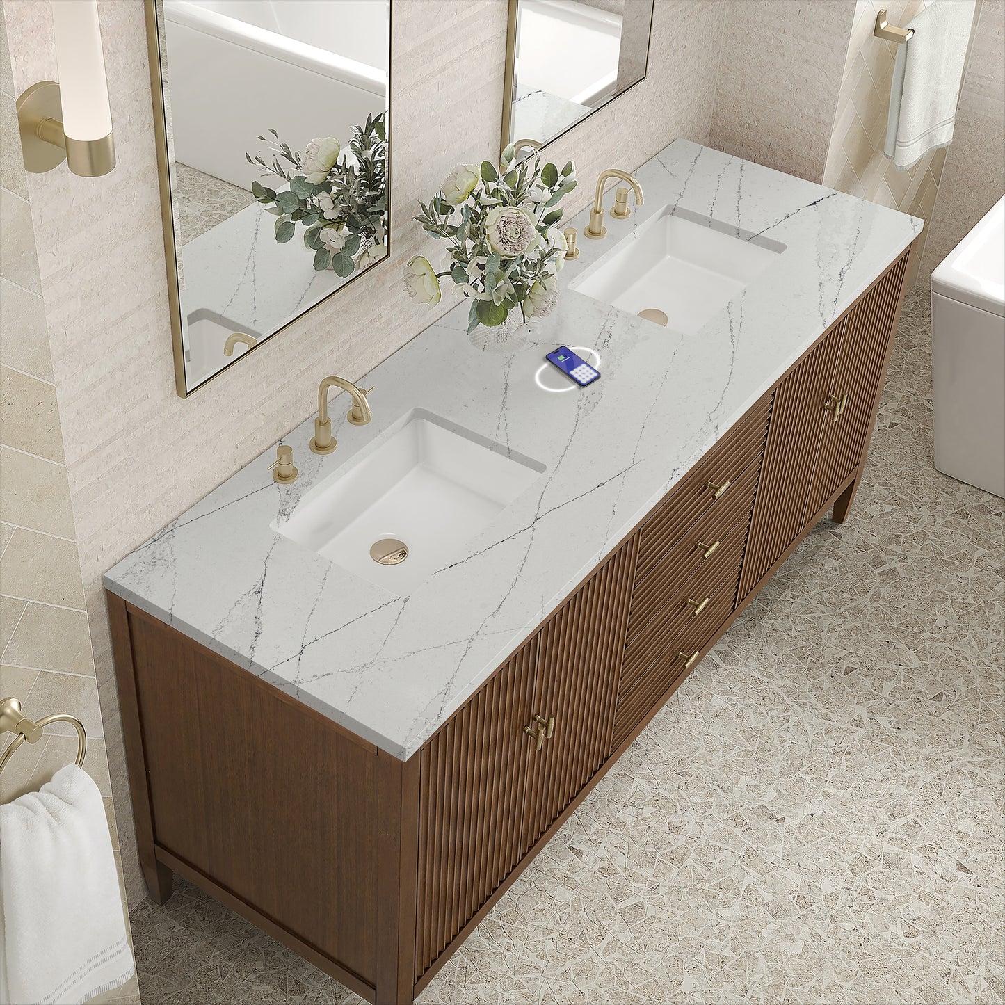 James Martin Vanities Myrrin 72" Mid-Century Walnut Double Vanity With 3 cm Ethereal Noctis Silestone Top and FreePower Wireless Charger