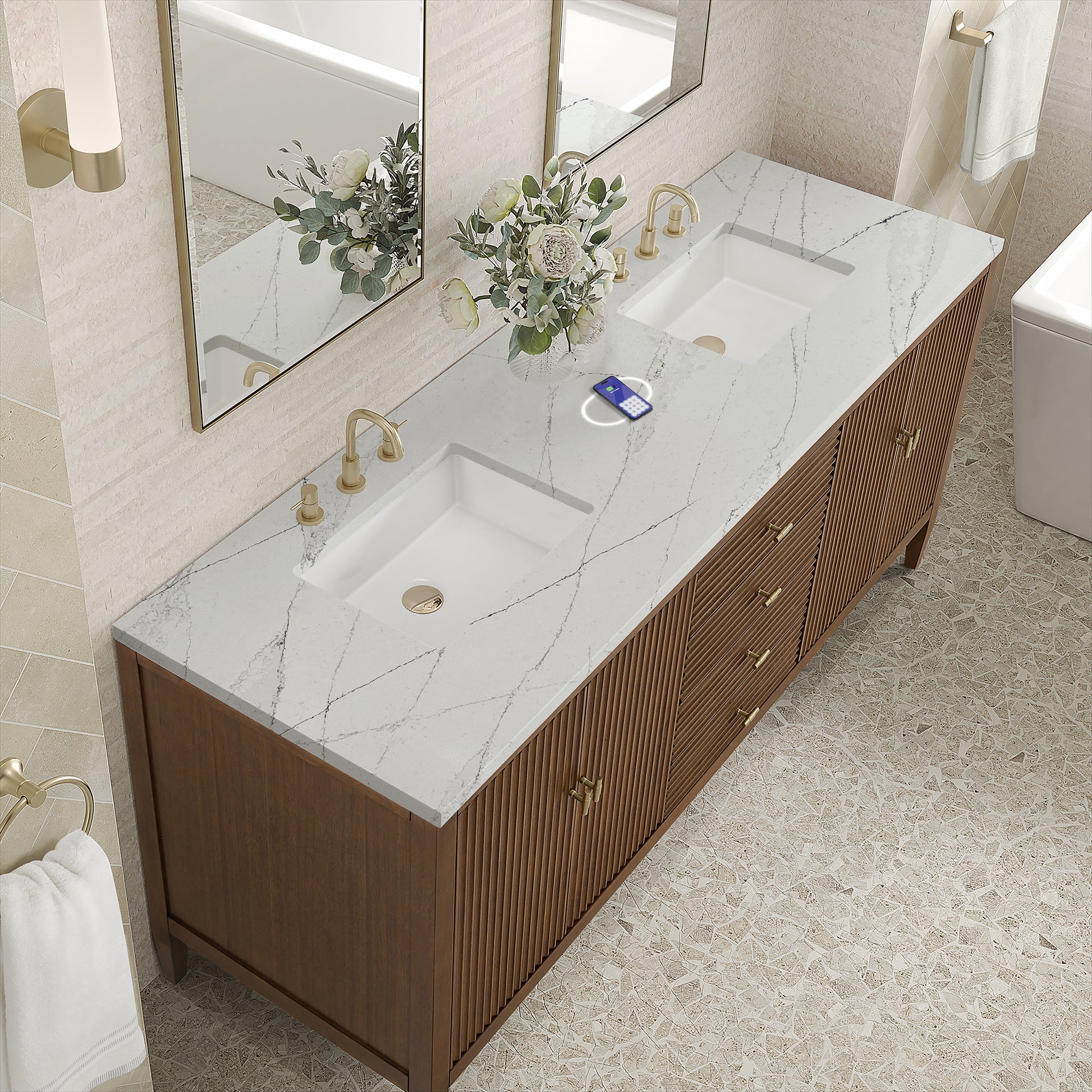 James Martin Vanities Myrrin 72" Mid-Century Walnut Double Vanity With 3 cm Ethereal Noctis Silestone Top and FreePower Wireless Charger