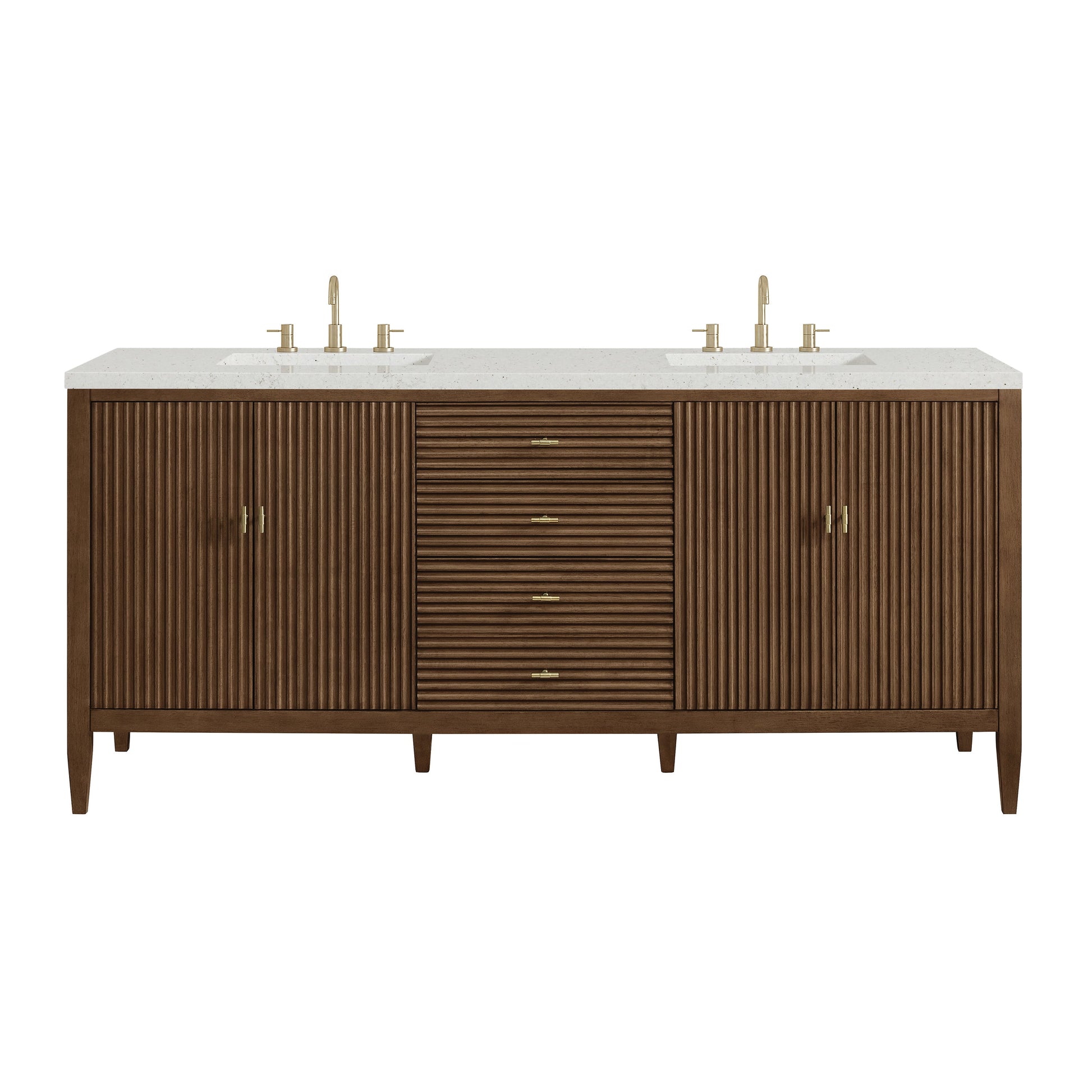 James Martin Vanities Myrrin 72" Mid Century Walnut Double Vanity With 3 cm Lime Delight Quartz Top