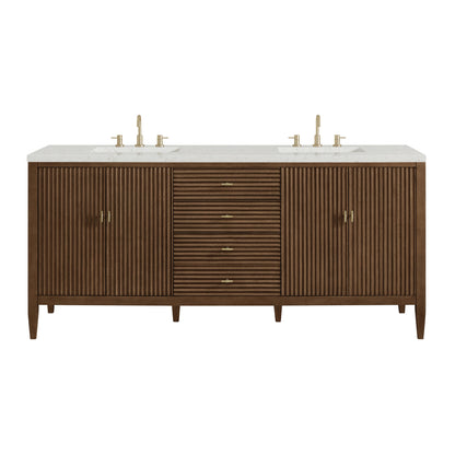 James Martin Vanities Myrrin 72" Mid Century Walnut Double Vanity With 3 cm Lime Delight Quartz Top