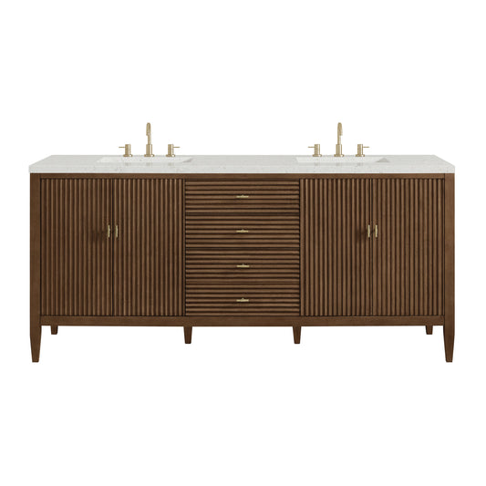 James Martin Vanities Myrrin 72" Mid Century Walnut Double Vanity With 3 cm Lime Delight Quartz Top