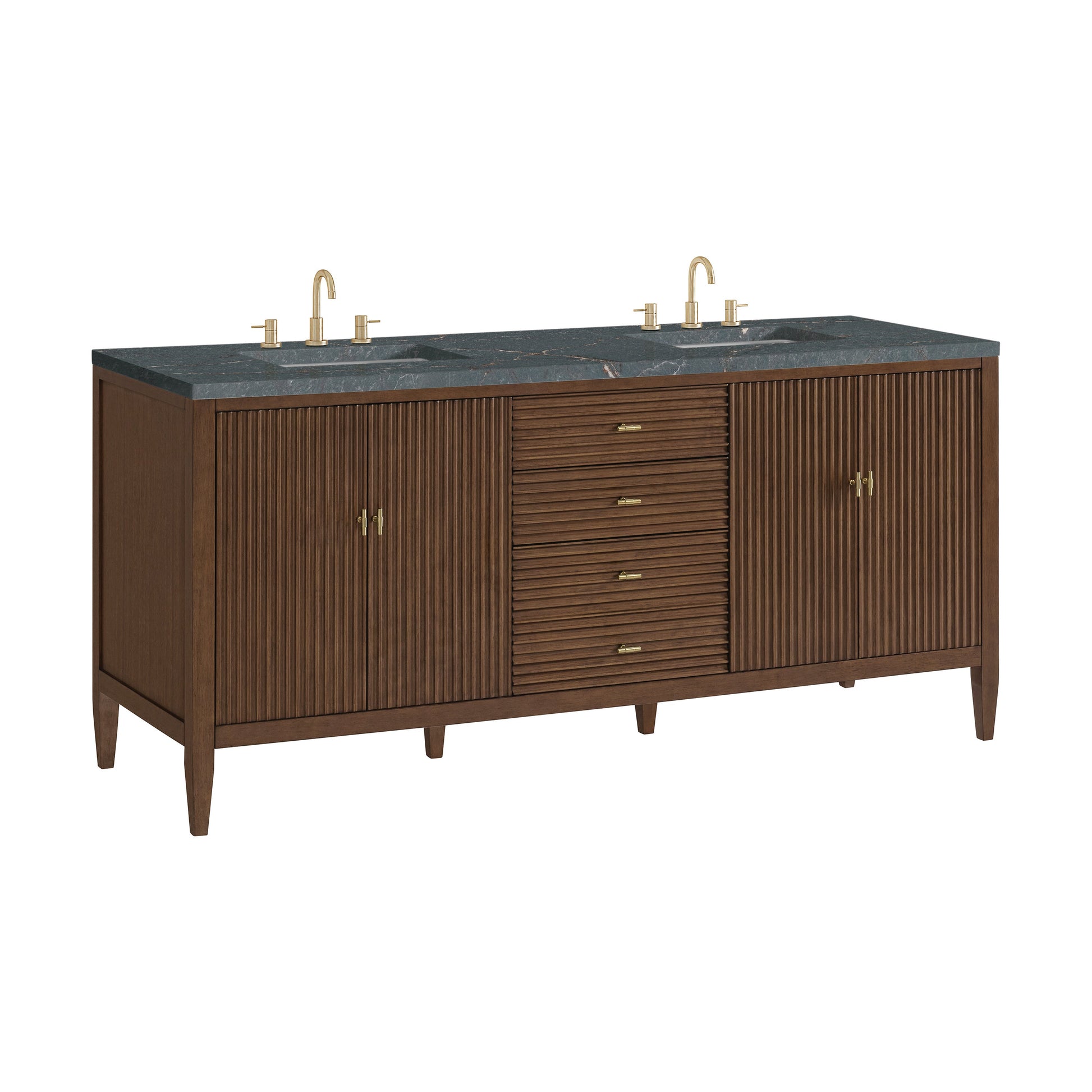 James Martin Vanities Myrrin 72" Mid Century Walnut Double Vanity With 3 cm Parisien Bleu Quartz Top