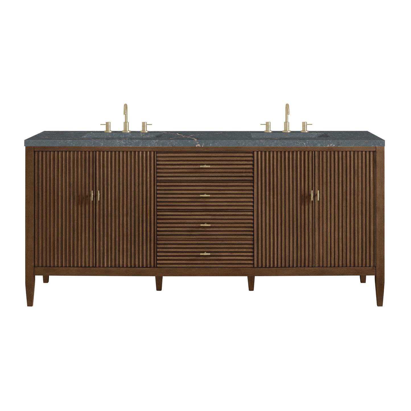 James Martin Vanities Myrrin 72" Mid Century Walnut Double Vanity With 3 cm Parisien Bleu Quartz Top