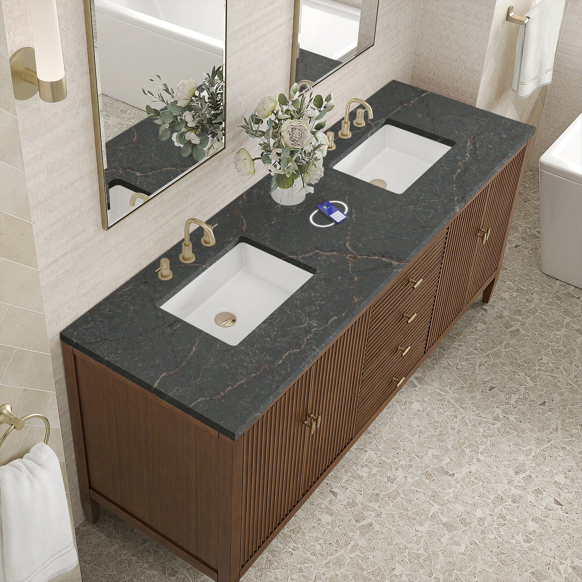 James Martin Vanities Myrrin 72" Mid-Century Walnut Double Vanity With 3 cm Parisien Bleu Silestone Top and FreePower Wireless Charger