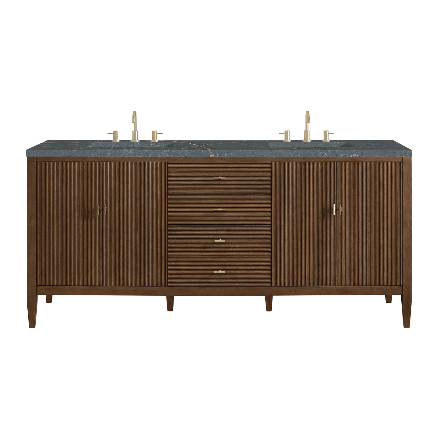 James Martin Vanities Myrrin 72" Mid-Century Walnut Double Vanity With 3 cm Parisien Bleu Silestone Top and FreePower Wireless Charger