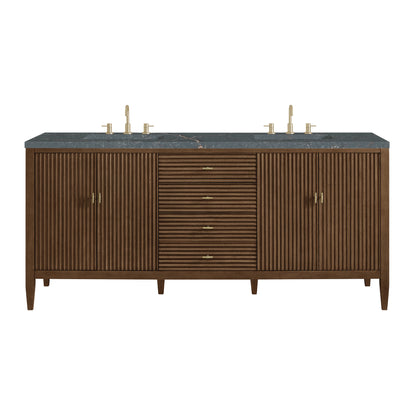 James Martin Vanities Myrrin 72" Mid-Century Walnut Double Vanity With 3 cm Parisien Bleu Silestone Top and FreePower Wireless Charger