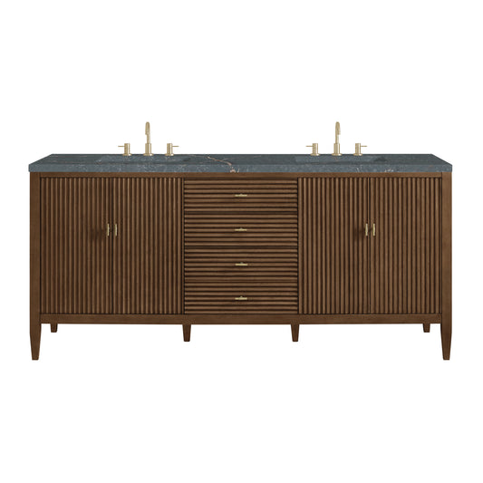 James Martin Vanities Myrrin 72" Mid-Century Walnut Double Vanity With 3 cm Parisien Bleu Silestone Top and FreePower Wireless Charger