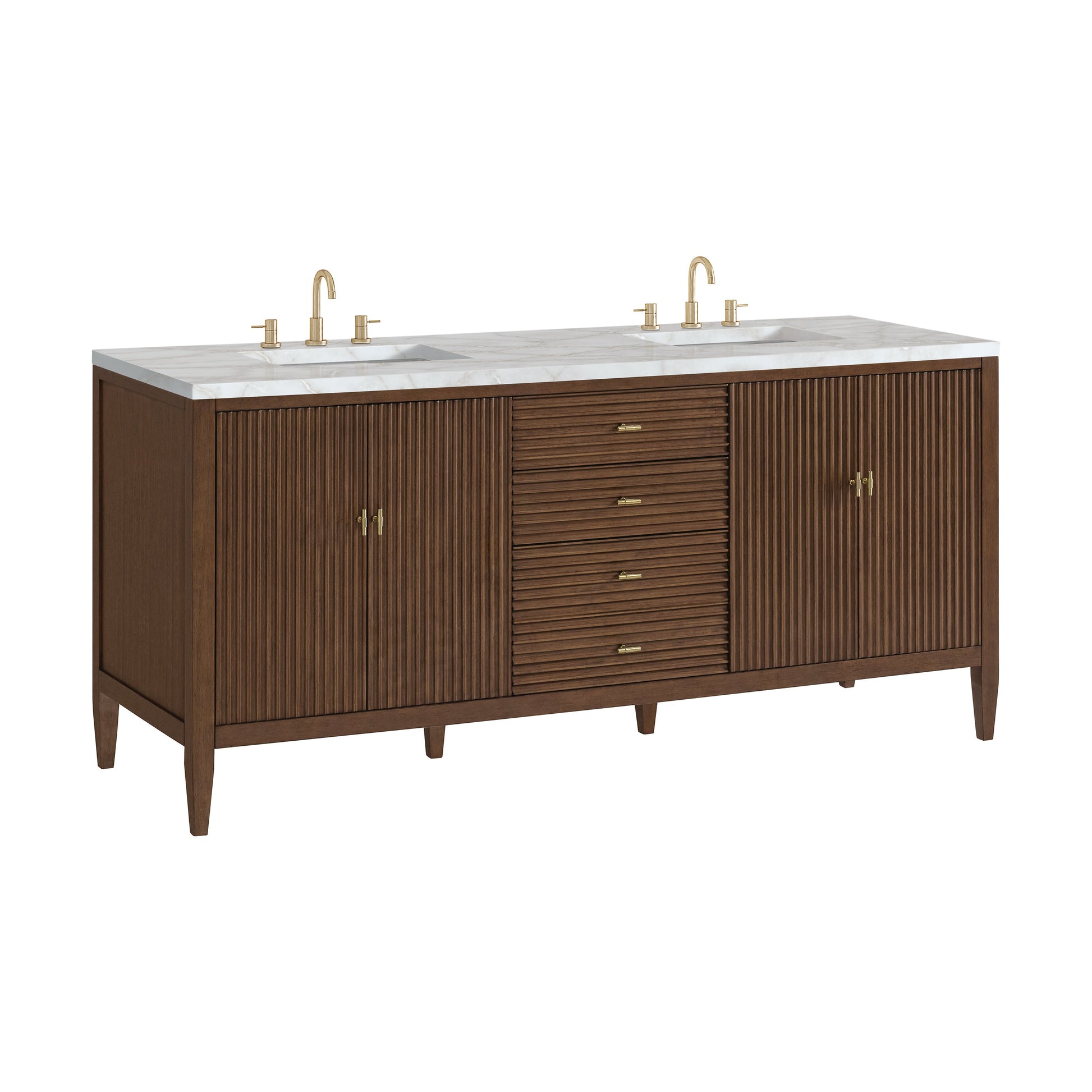 James Martin Vanities Myrrin 72" Mid Century Walnut Double Vanity With 3 cm Victorian Silver Quartz Top