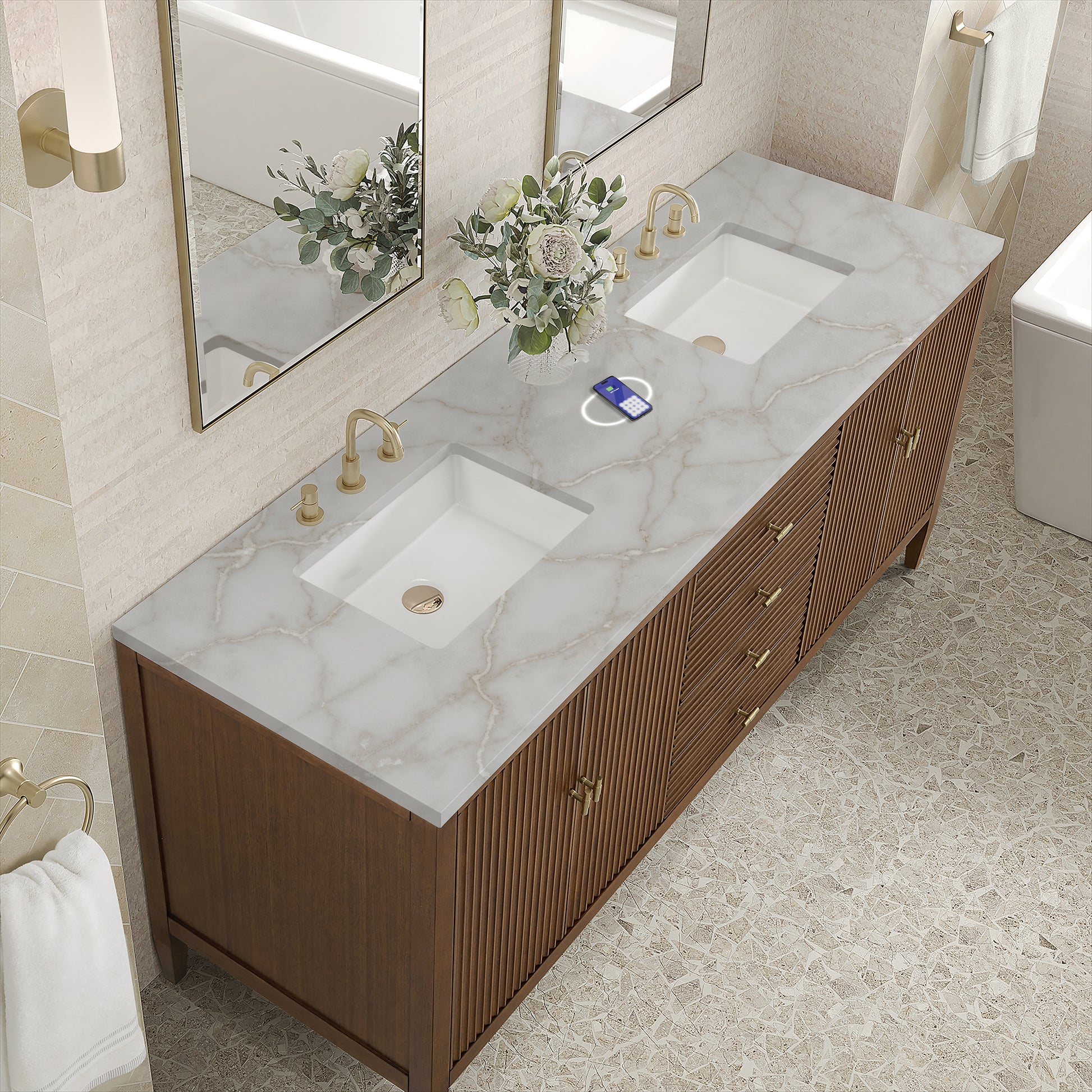 James Martin Vanities Myrrin 72" Mid-Century Walnut Double Vanity With 3 cm Victorian Silver Silestone Top and FreePower Wireless Charger