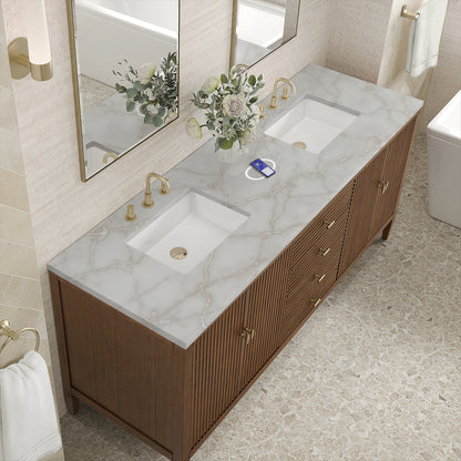 James Martin Vanities Myrrin 72" Mid-Century Walnut Double Vanity With 3 cm Victorian Silver Silestone Top and FreePower Wireless Charger