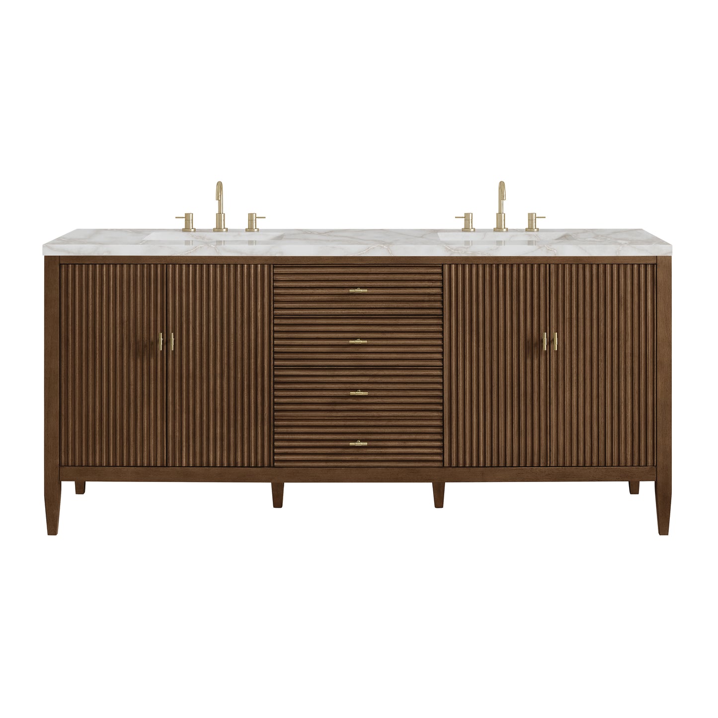 James Martin Vanities Myrrin 72" Mid-Century Walnut Double Vanity With 3 cm Victorian Silver Silestone Top and FreePower Wireless Charger