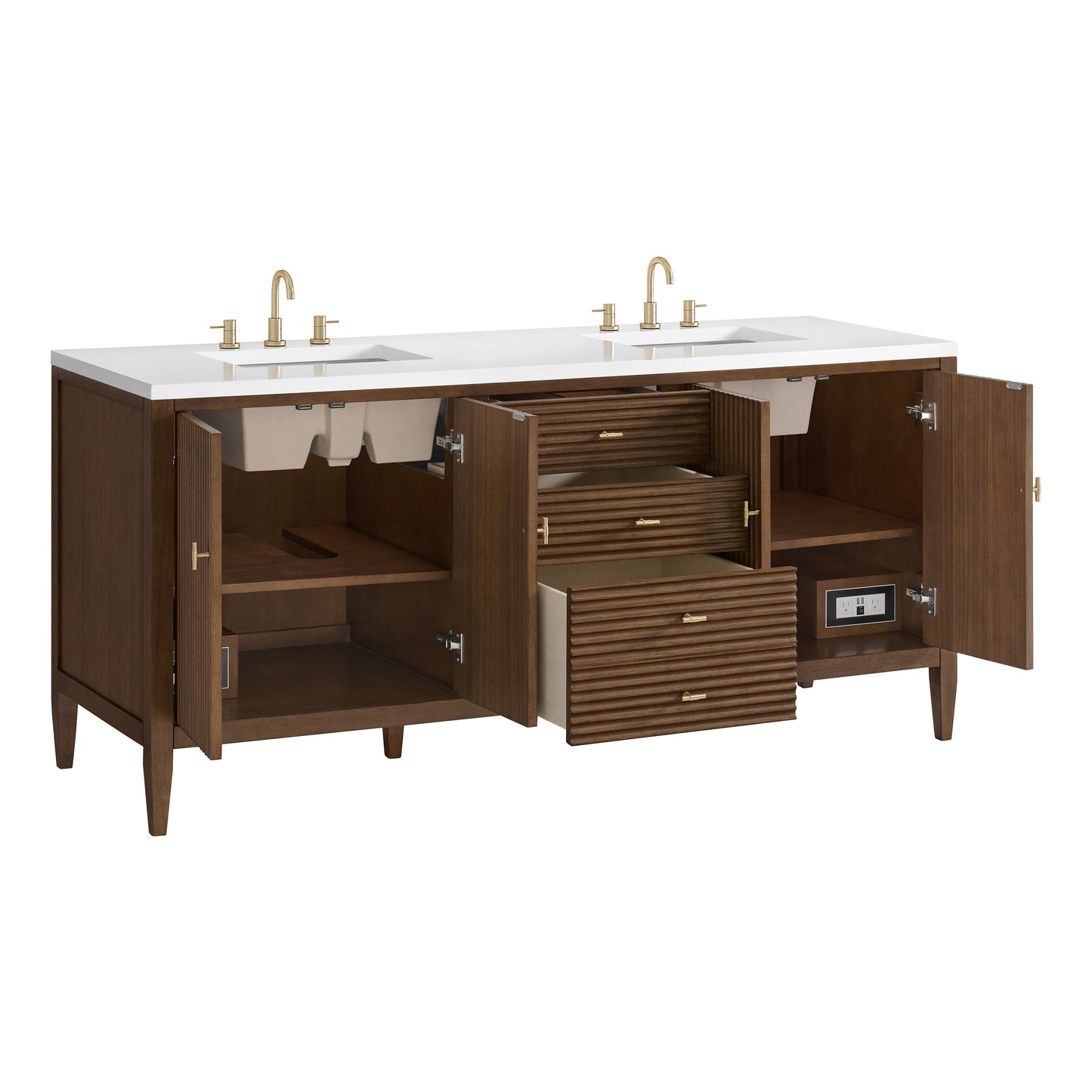 James Martin Vanities Myrrin 72" Mid Century Walnut Double Vanity With 3 cm White Zeus Quartz Top