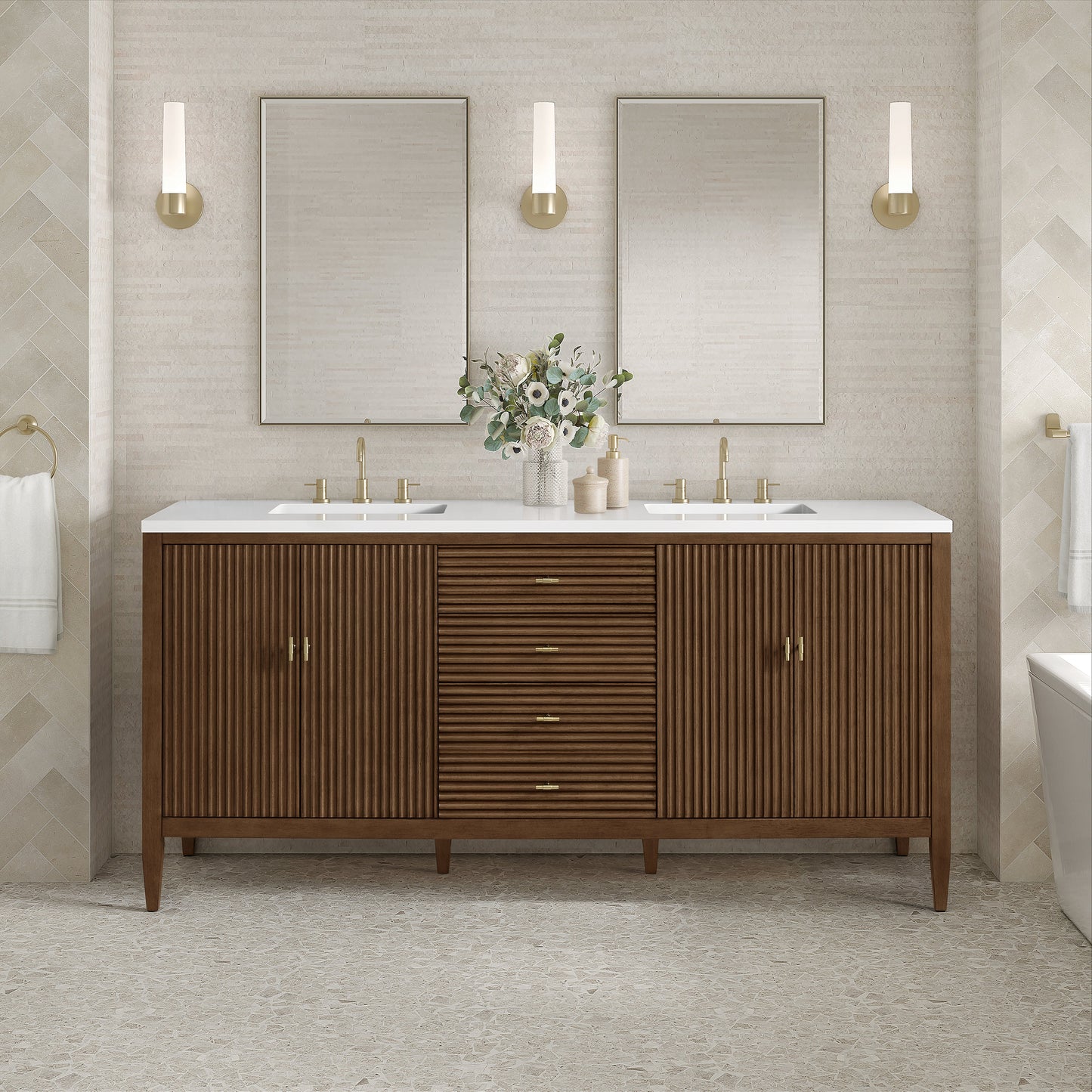 James Martin Vanities Myrrin 72" Mid Century Walnut Double Vanity With 3 cm White Zeus Quartz Top