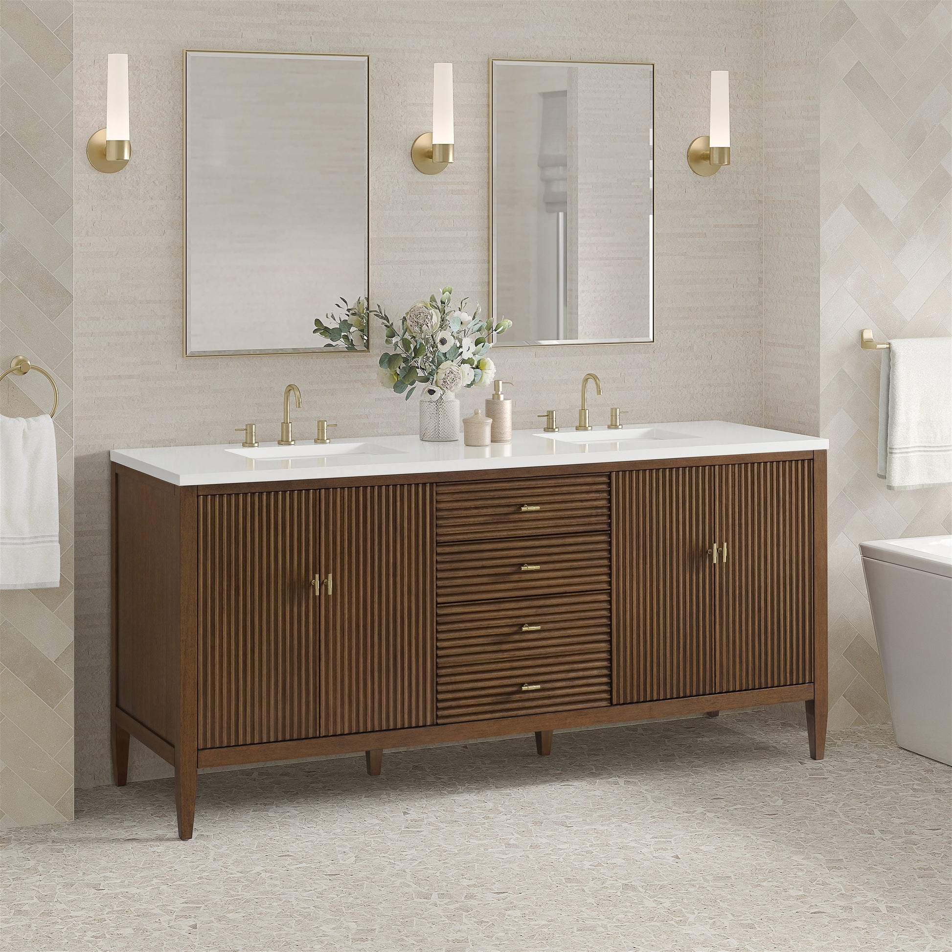 James Martin Vanities Myrrin 72" Mid Century Walnut Double Vanity With 3 cm White Zeus Quartz Top