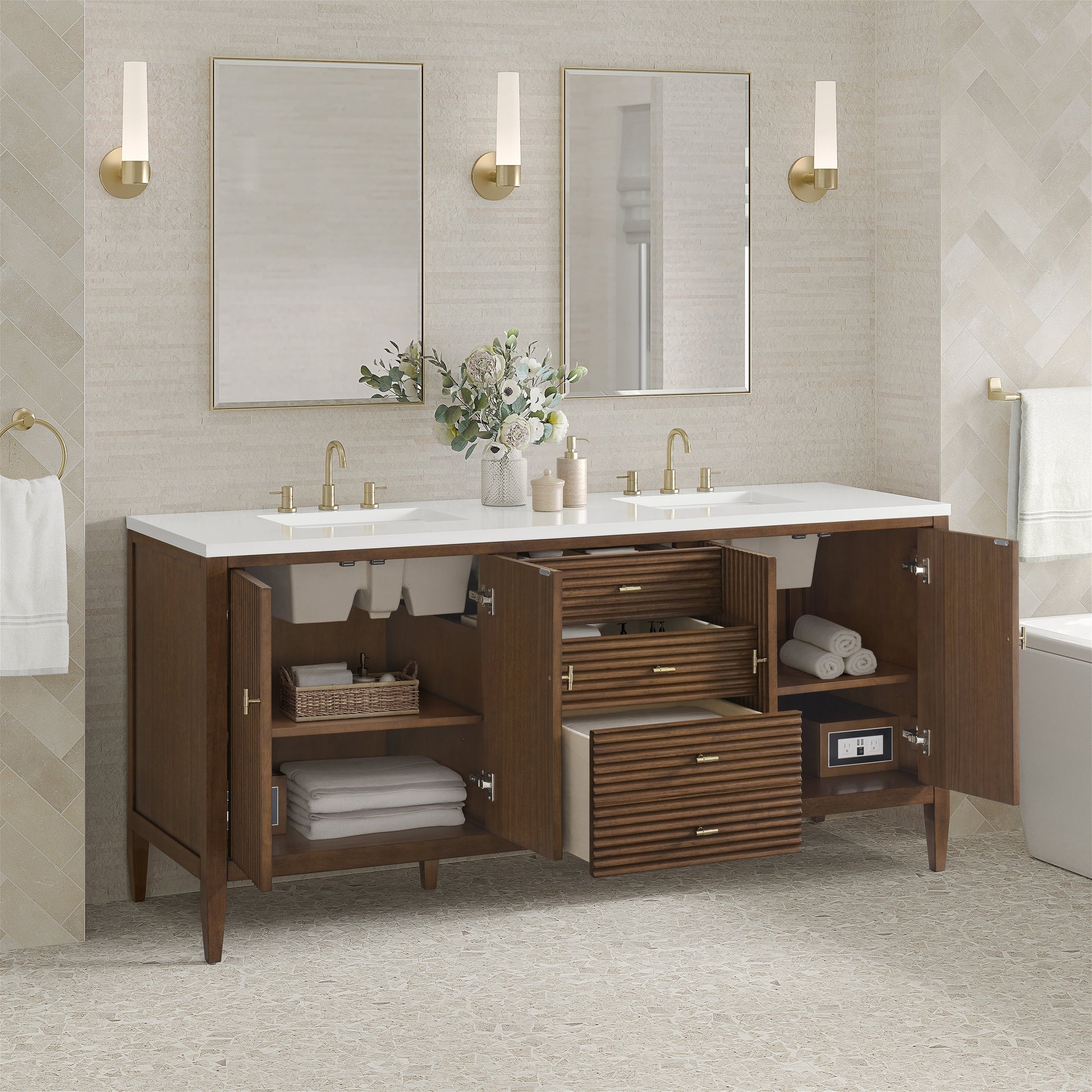 James Martin Vanities Myrrin 72" Mid Century Walnut Double Vanity With 3 cm White Zeus Quartz Top