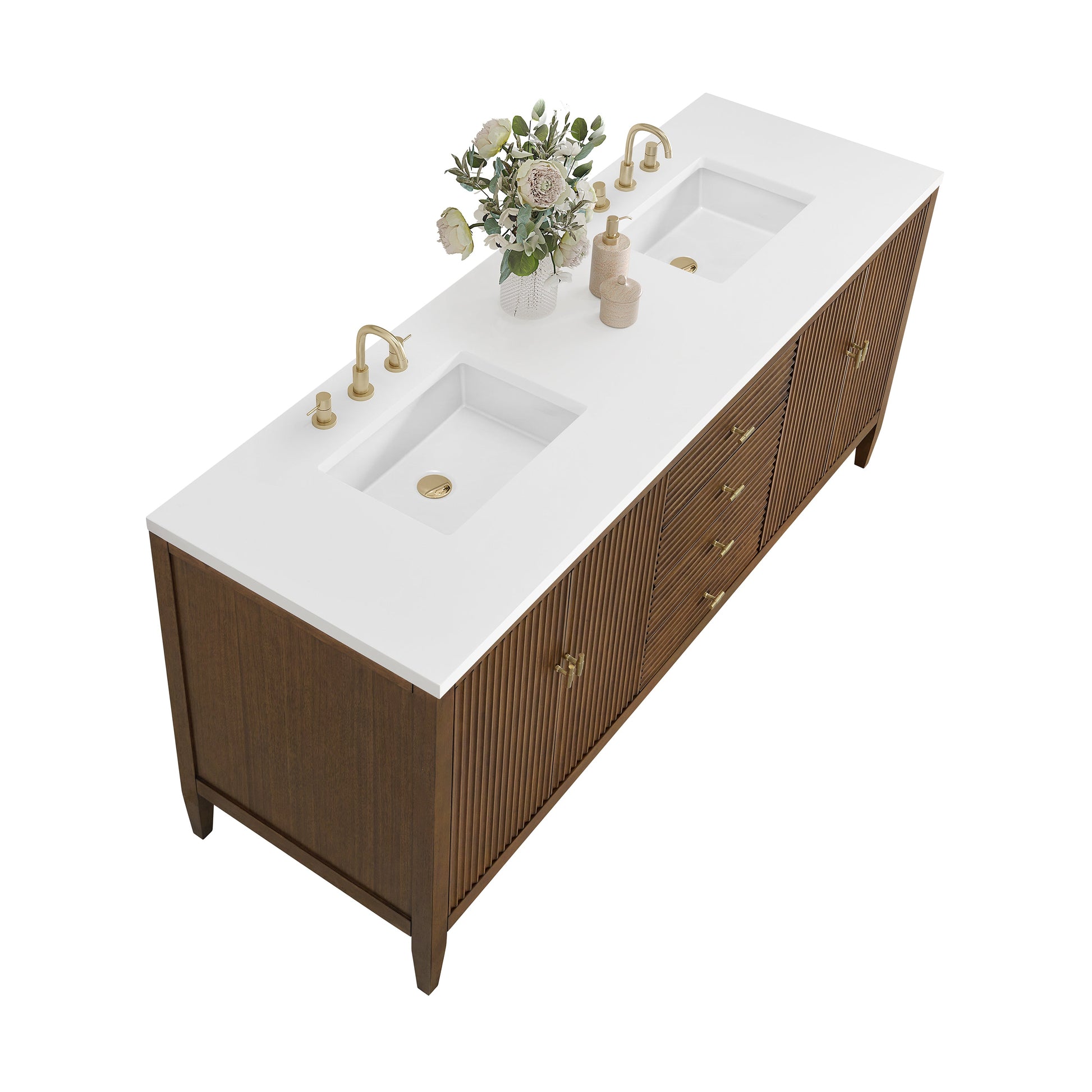 James Martin Vanities Myrrin 72" Mid Century Walnut Double Vanity With 3 cm White Zeus Quartz Top