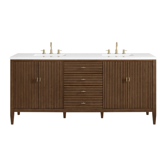 James Martin Vanities Myrrin 72" Mid Century Walnut Double Vanity With 3 cm White Zeus Quartz Top