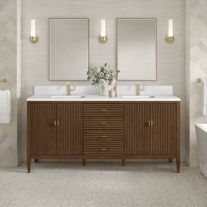 James Martin Vanities Myrrin 72" Mid Century Walnut Vanity With Single Hole 3 cm White Zeus Quartz Top & Backsplash