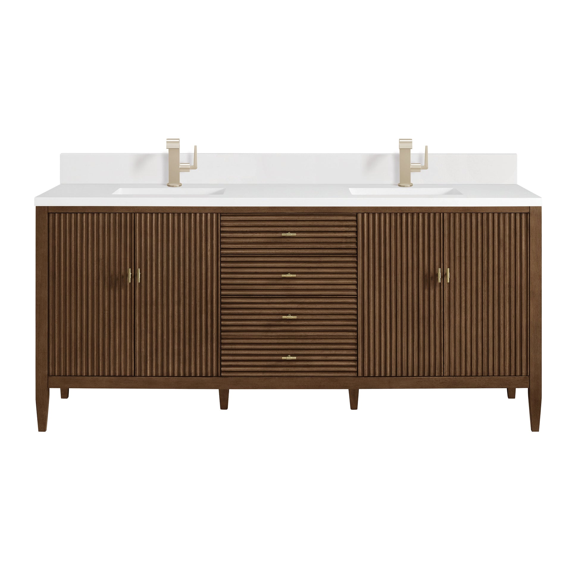 James Martin Vanities Myrrin 72" Mid Century Walnut Vanity With Single Hole 3 cm White Zeus Quartz Top & Backsplash