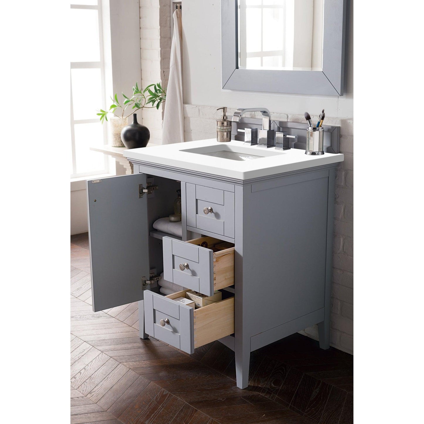 James Martin Vanities Palisades 30" Silver Gray Single Vanity With 3cm White Zeus Quartz Top