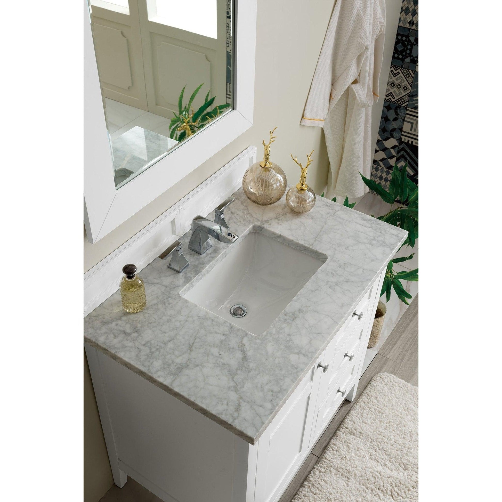 James Martin Vanities Palisades 36" Bright White Single Vanity With 3cm Carrara Marble Top