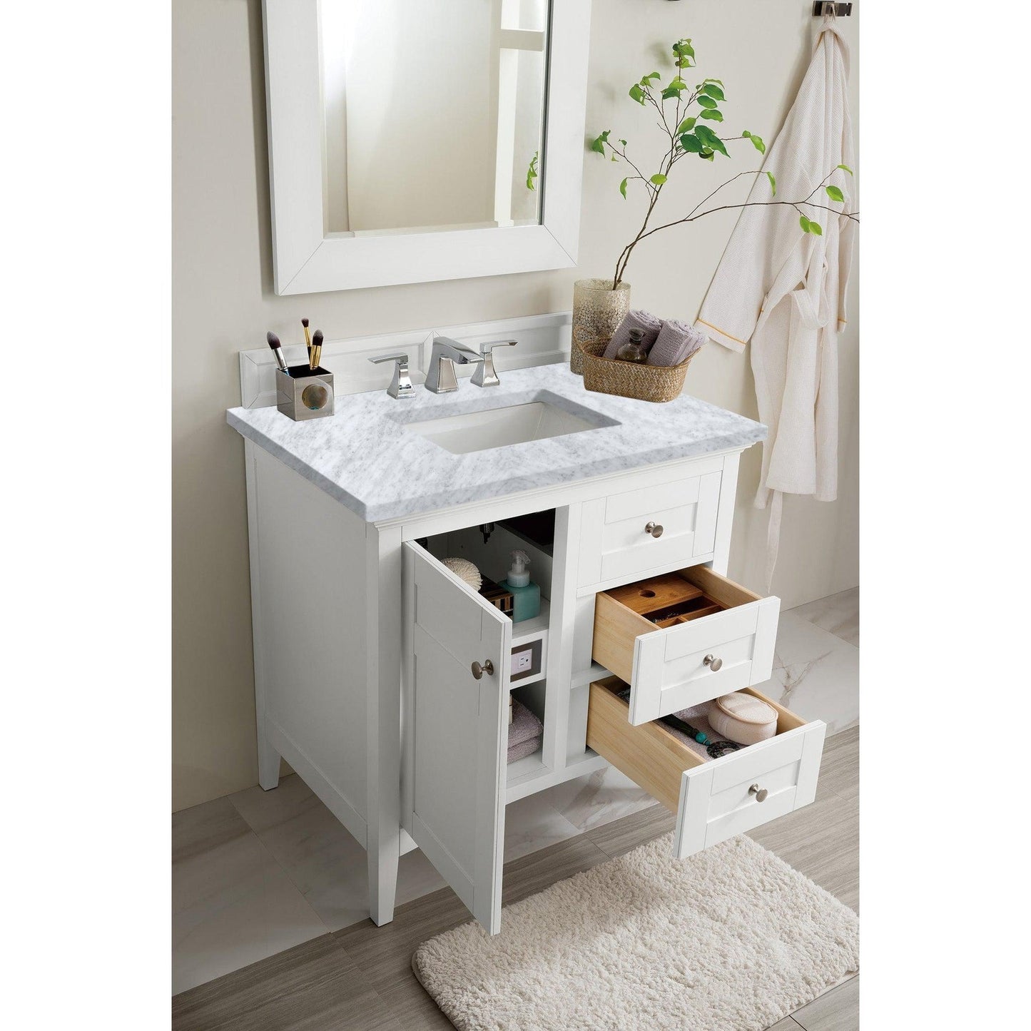 James Martin Vanities Palisades 36" Bright White Single Vanity With 3cm Carrara Marble Top