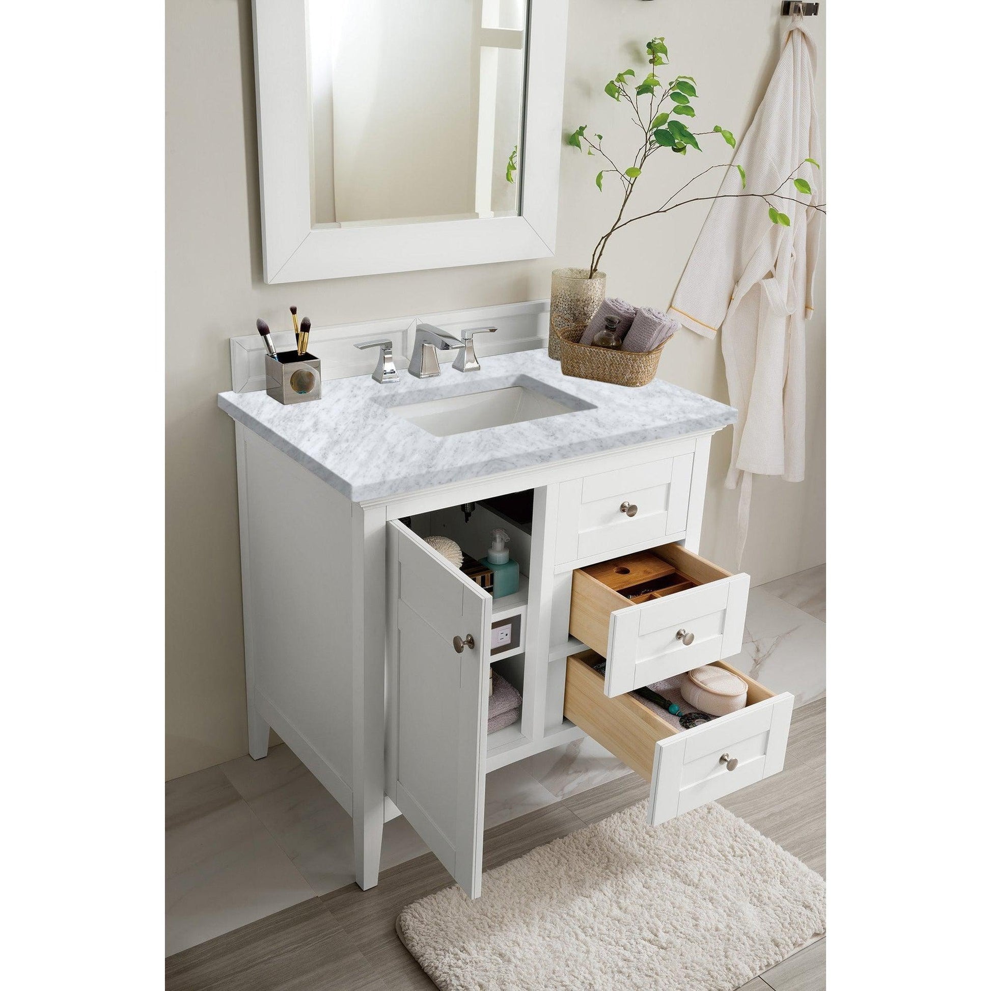 James Martin Vanities Palisades 36" Bright White Single Vanity With 3cm Carrara Marble Top