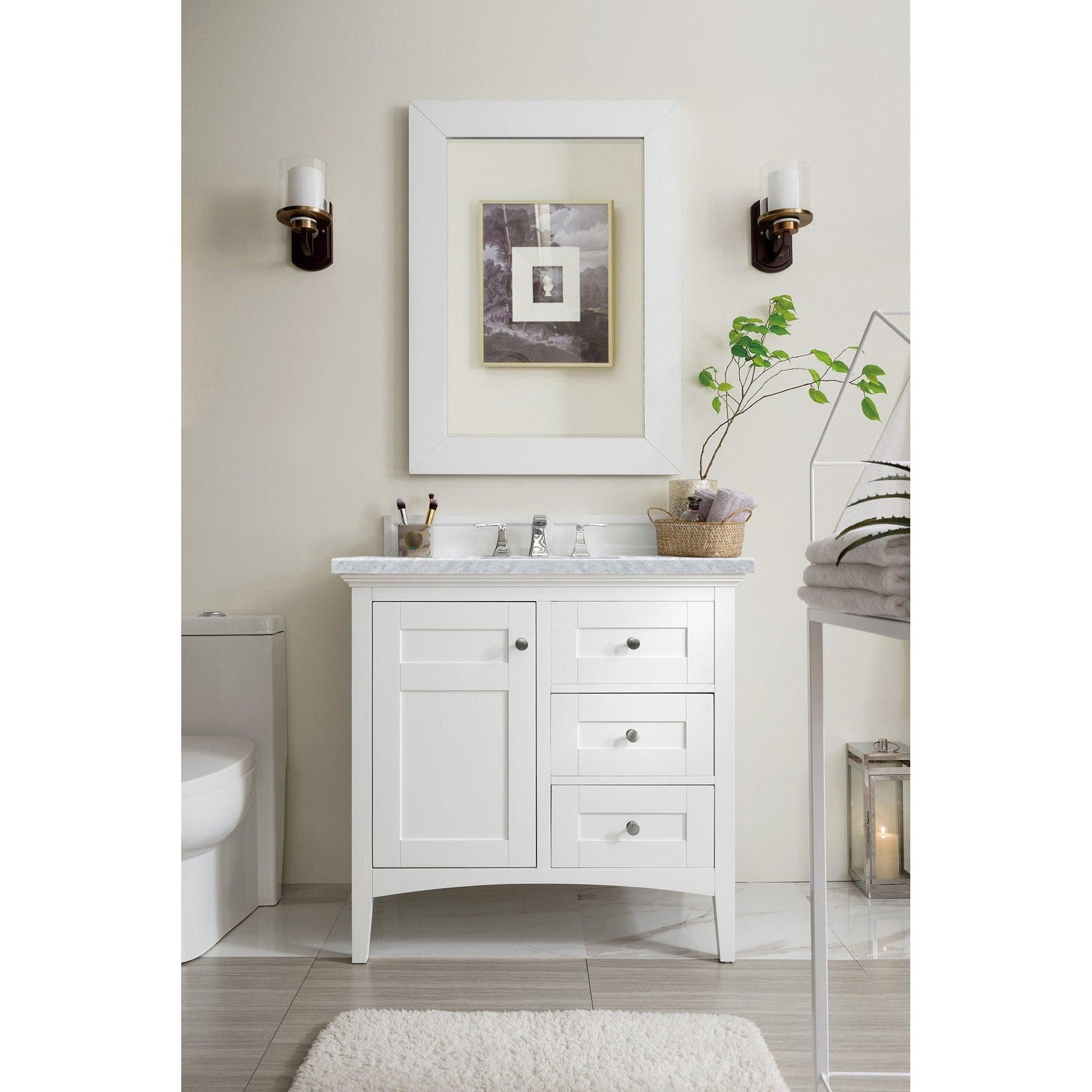 James Martin Vanities Palisades 36" Bright White Single Vanity With 3cm Carrara Marble Top