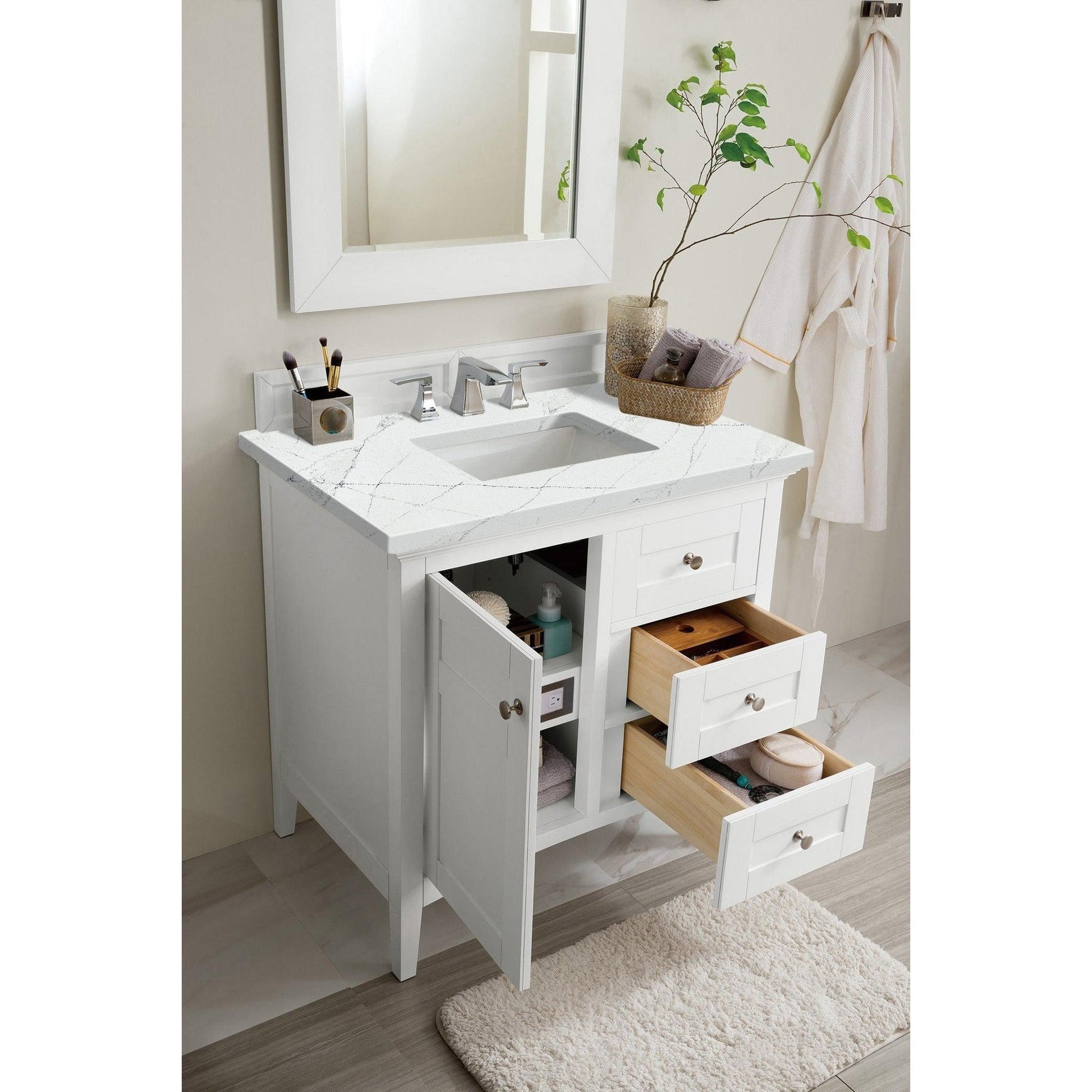 James Martin Vanities Palisades 36" Bright White Single Vanity With 3cm Ethereal Noctis Quartz Top