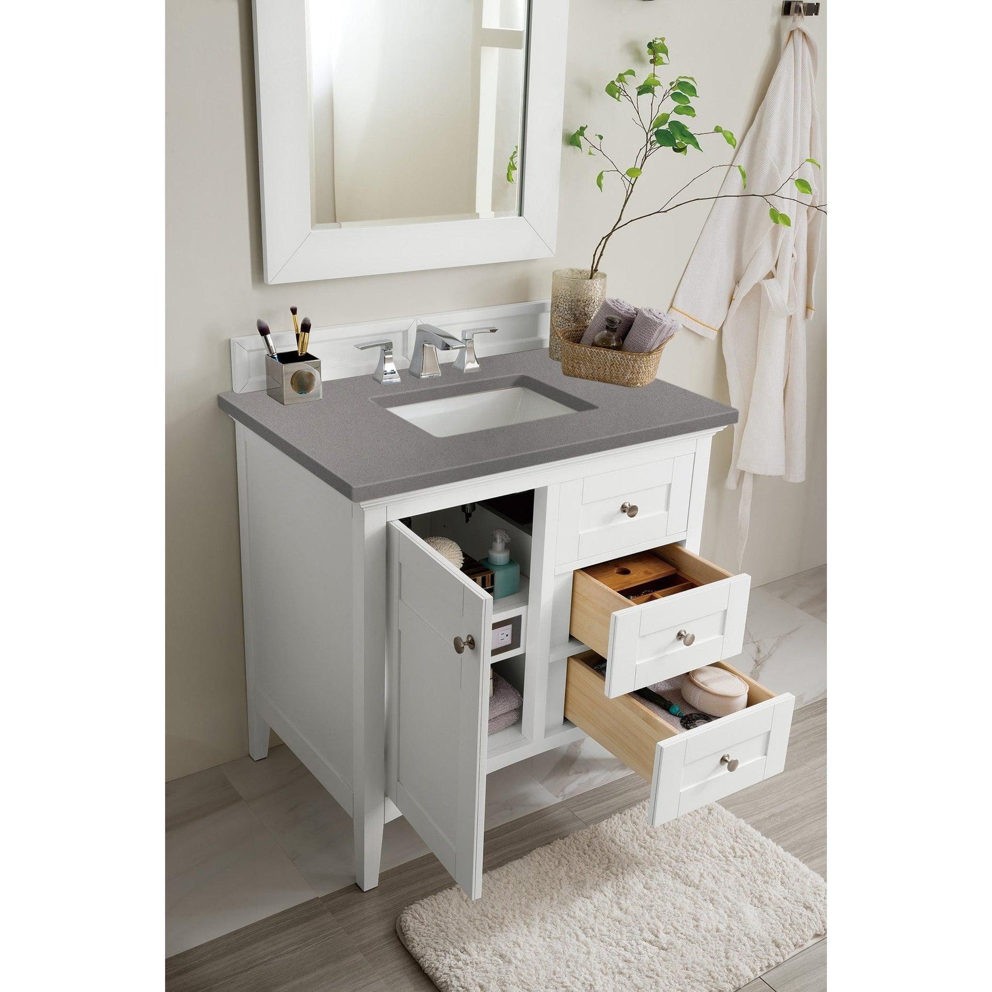 James Martin Vanities Palisades 36" Bright White Single Vanity With 3cm Grey Expo Quartz Top