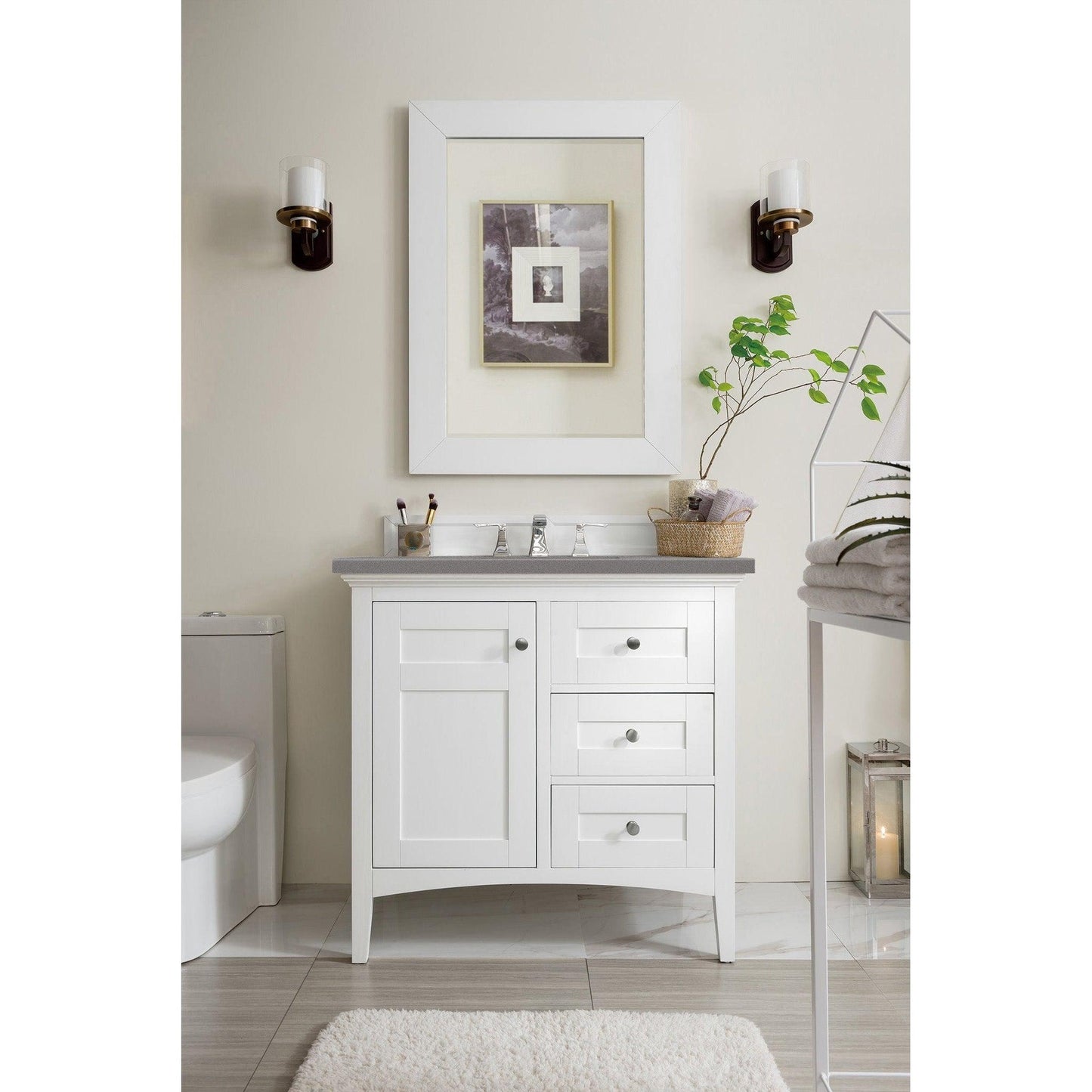 James Martin Vanities Palisades 36" Bright White Single Vanity With 3cm Grey Expo Quartz Top