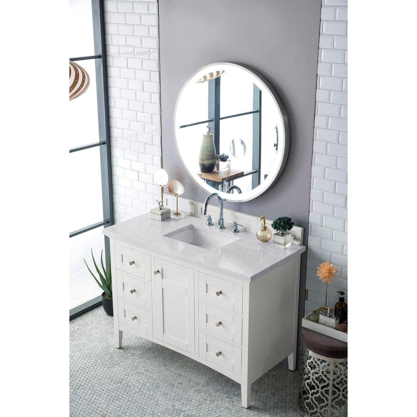 James Martin Vanities Palisades 48" Bright White Single Vanity With 3cm Eternal Jasmine Pearl Quartz Top