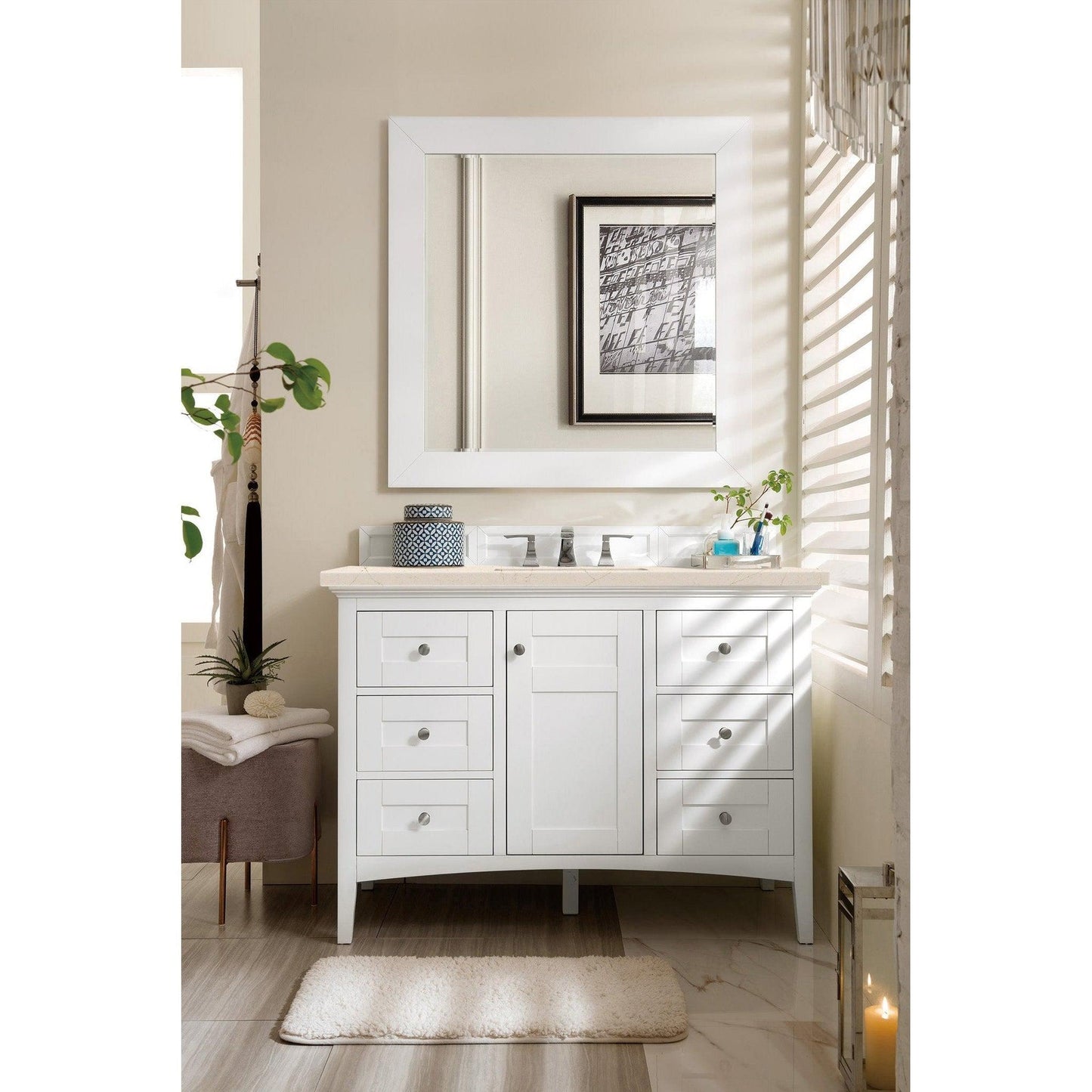 James Martin Vanities Palisades 48" Bright White Single Vanity With 3cm Eternal Marfil Quartz Top