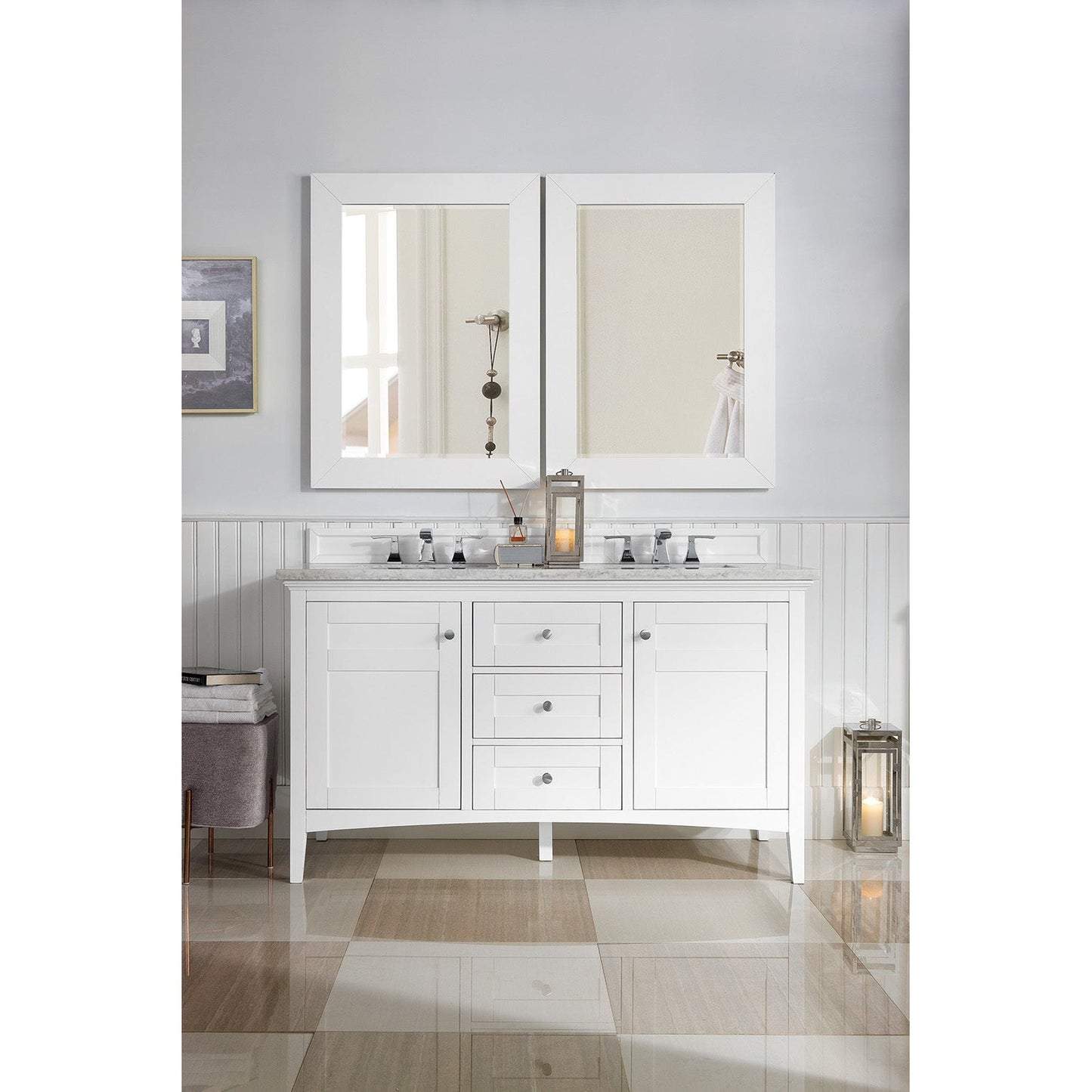 James Martin Vanities Palisades 60" Bright White Double Vanity With 3cm Arctic Fall Solid Surface Top