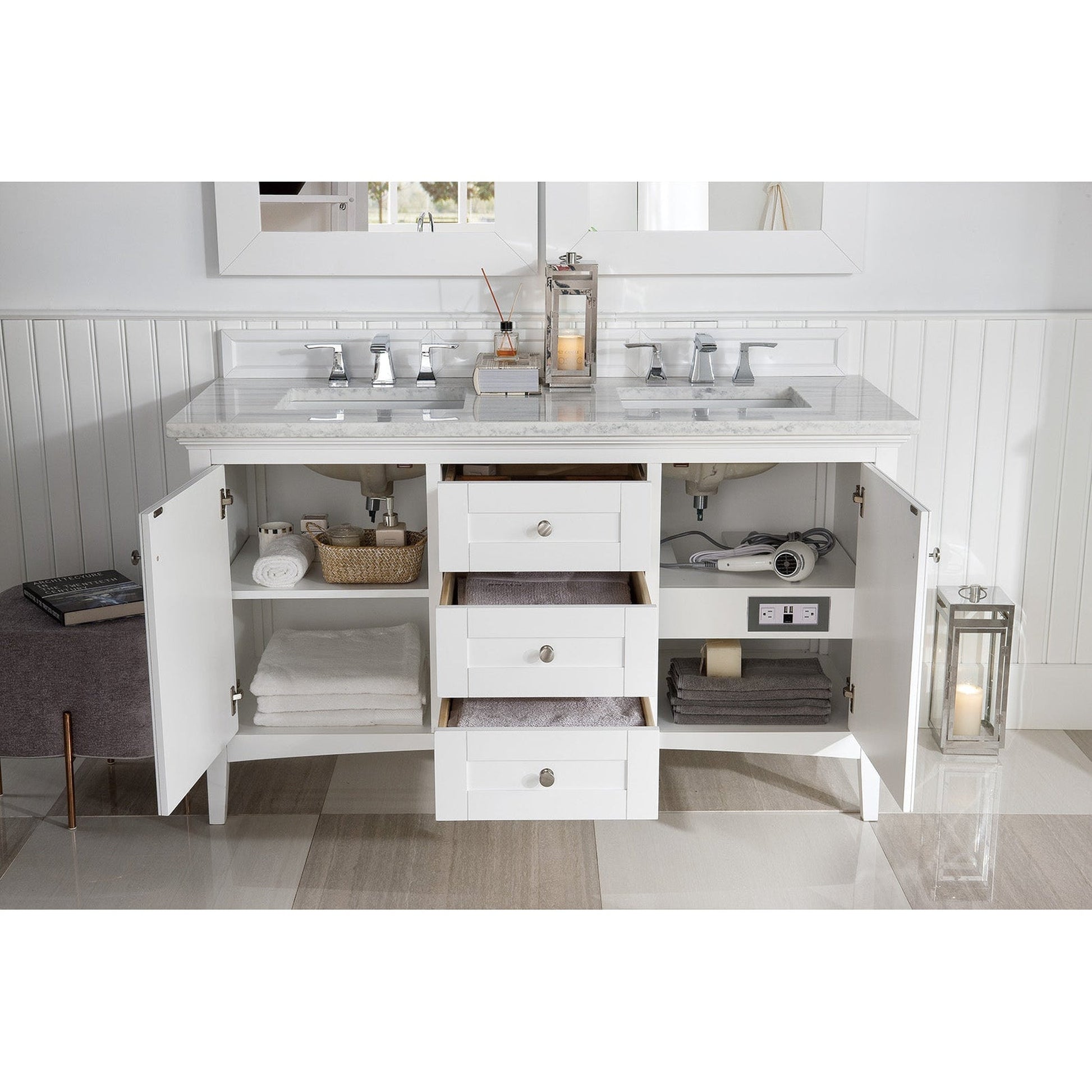 James Martin Vanities Palisades 60" Bright White Double Vanity With 3cm Arctic Fall Solid Surface Top