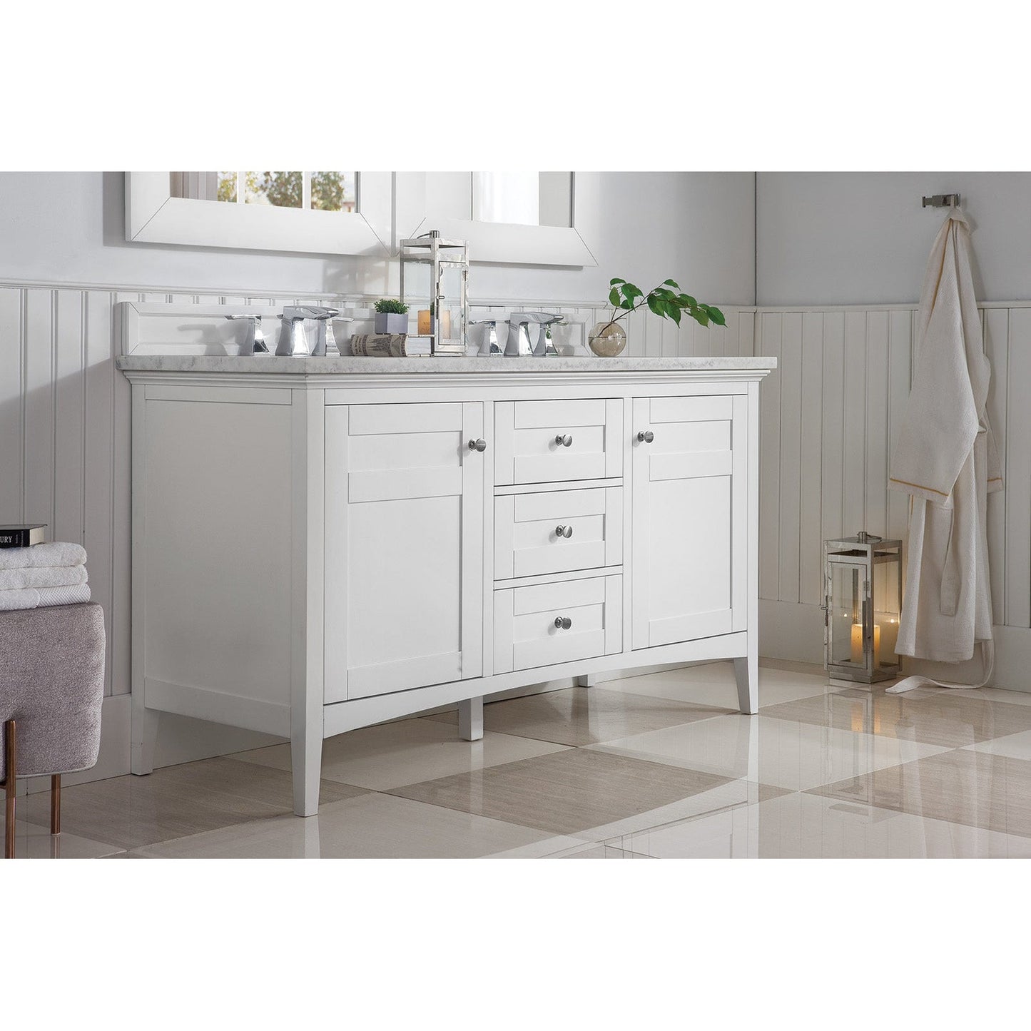 James Martin Vanities Palisades 60" Bright White Double Vanity With 3cm Arctic Fall Solid Surface Top