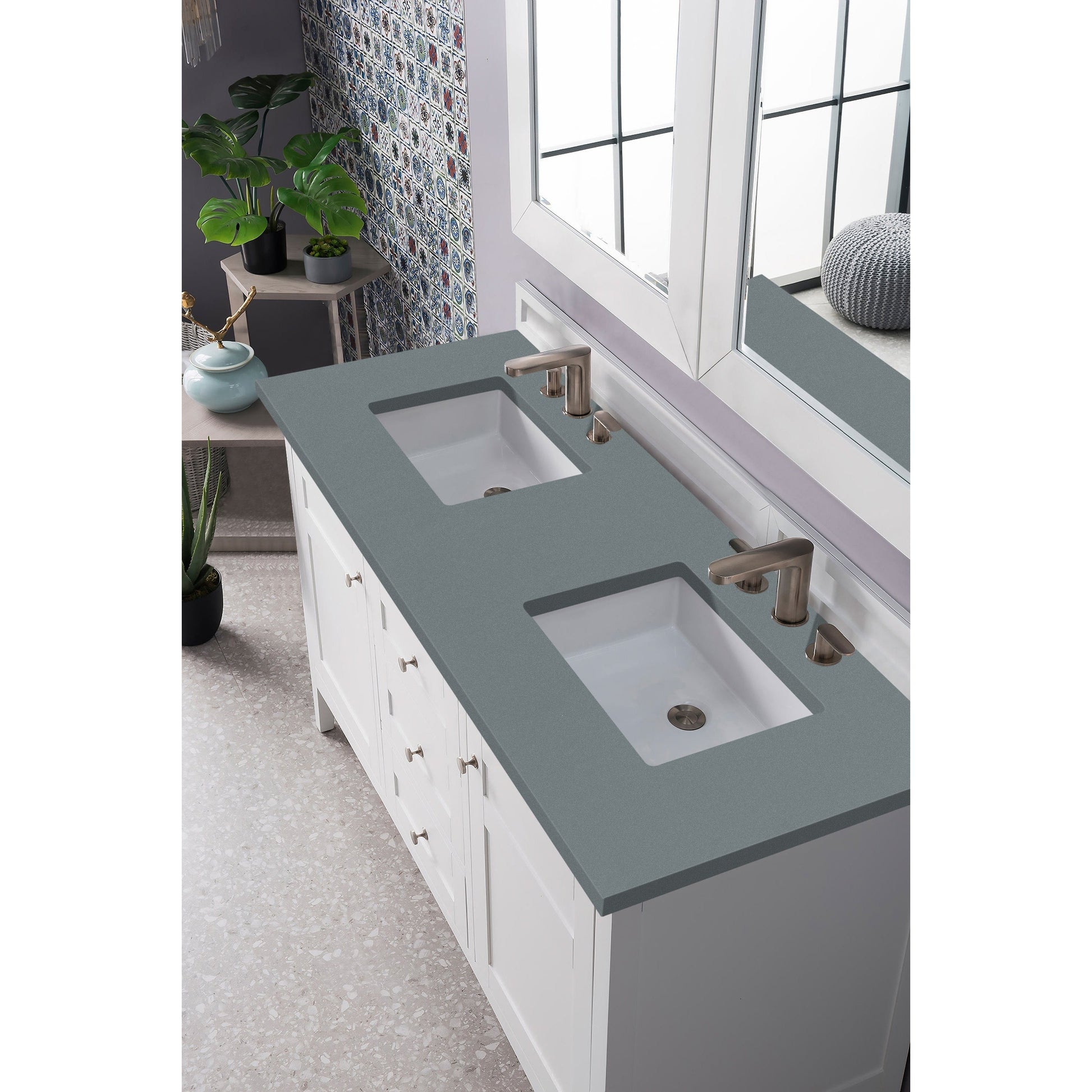 James Martin Vanities Palisades 60" Bright White Double Vanity With 3cm Cala Blue Quartz Top