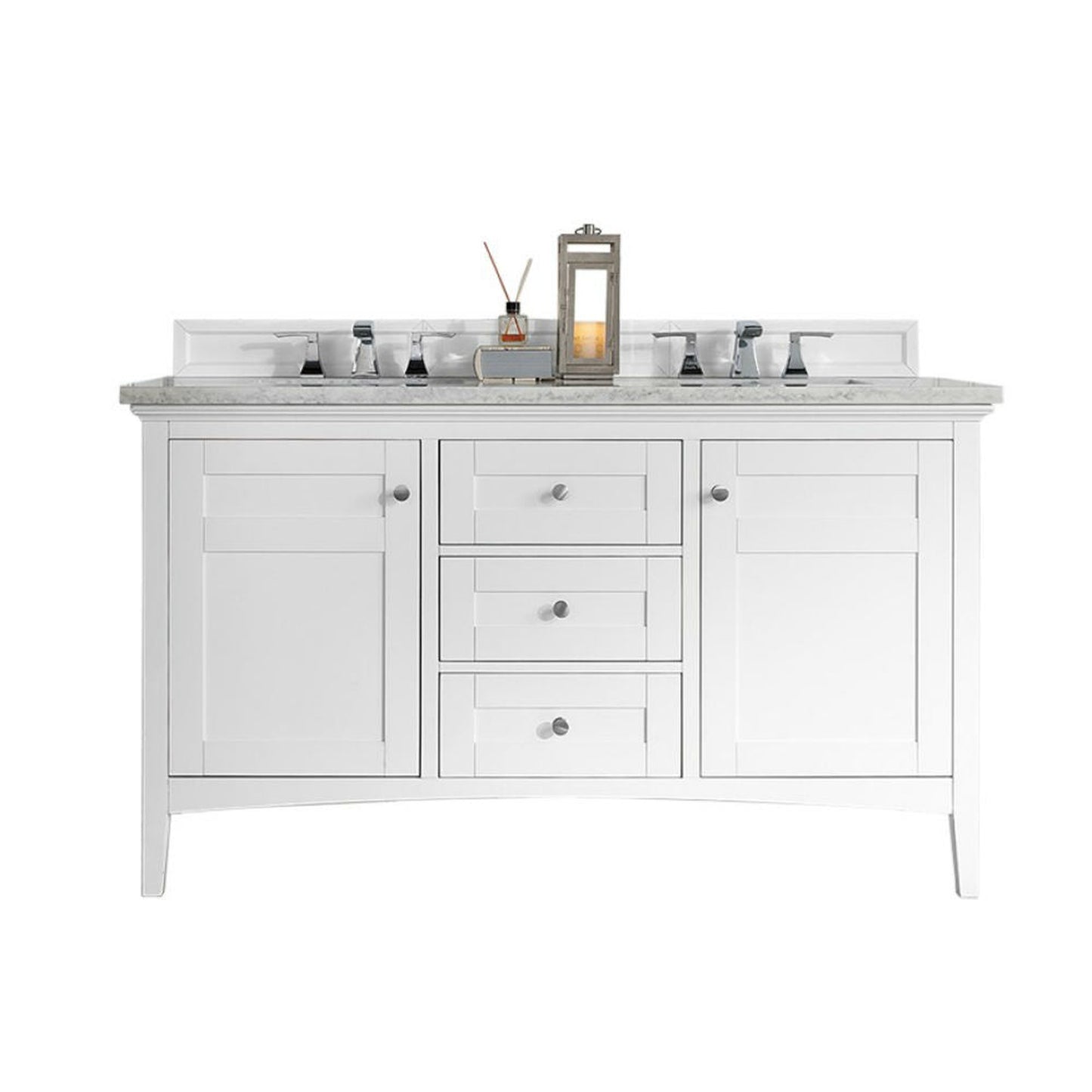 James Martin Vanities Palisades 60" Bright White Double Vanity With 3cm Carrara Marble Top